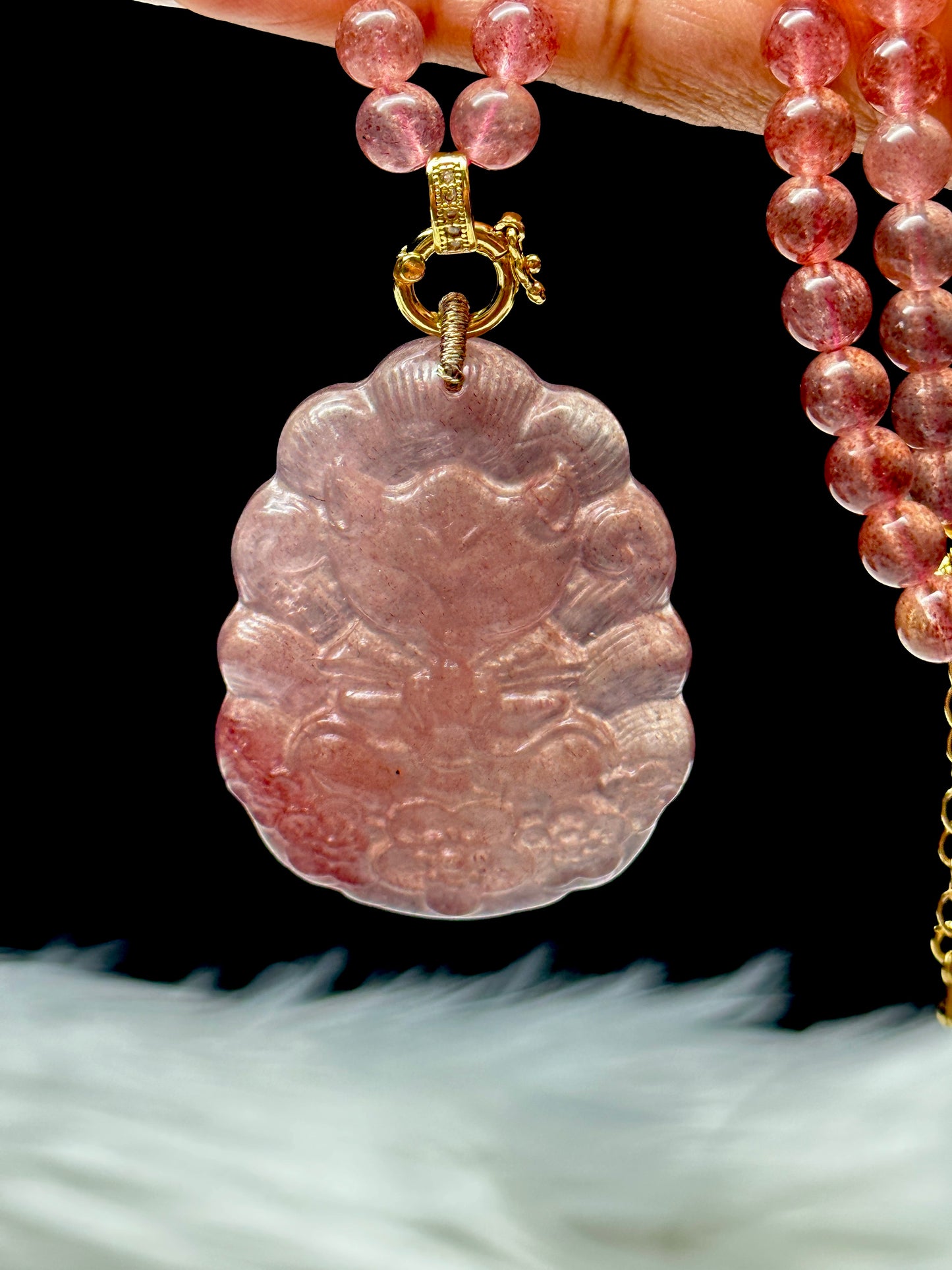 Strawberry Quartz Necklace with Nine-Tail Fox Pendant – 7.5mm Beads, Sterling Silver + 18K Gold Plated Spacers, Adjustable Clasp