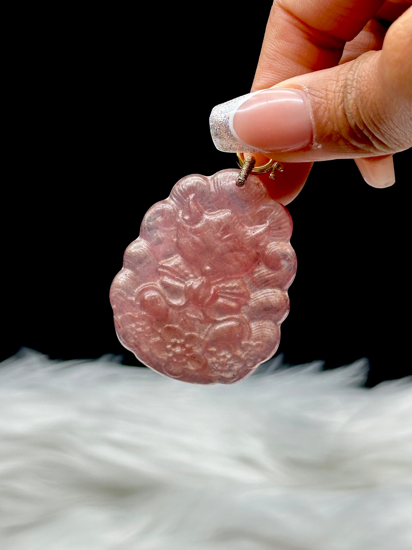 Strawberry Quartz Necklace with Nine-Tail Fox Pendant – 7.5mm Beads, Sterling Silver + 18K Gold Plated Spacers, Adjustable Clasp