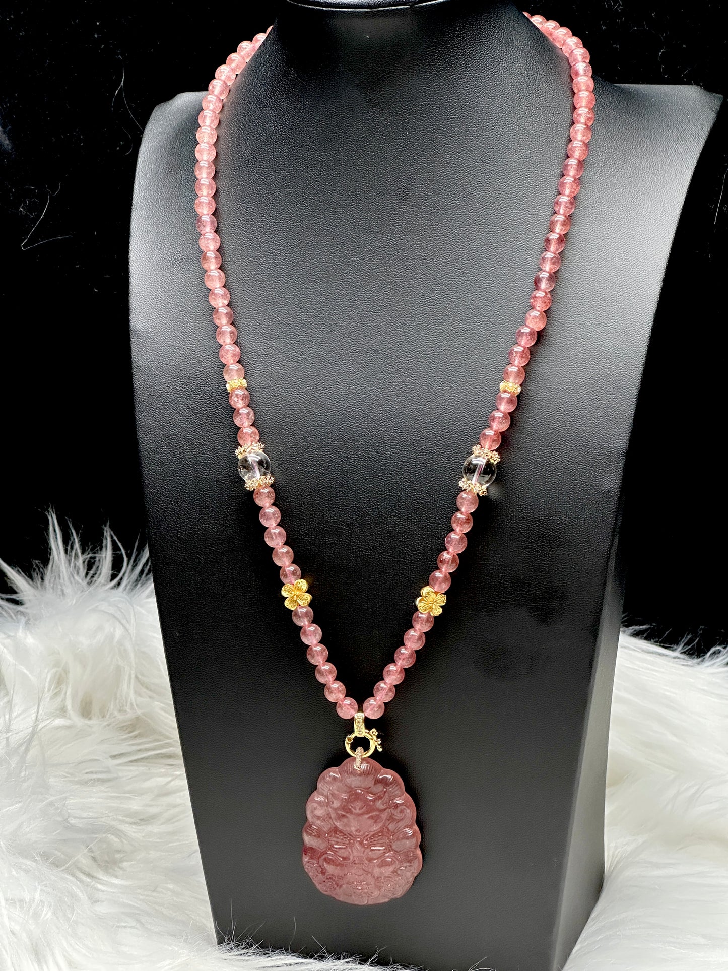 Strawberry Quartz Necklace with Nine-Tail Fox Pendant – 7.5mm Beads, Sterling Silver + 18K Gold Plated Spacers, Adjustable Clasp