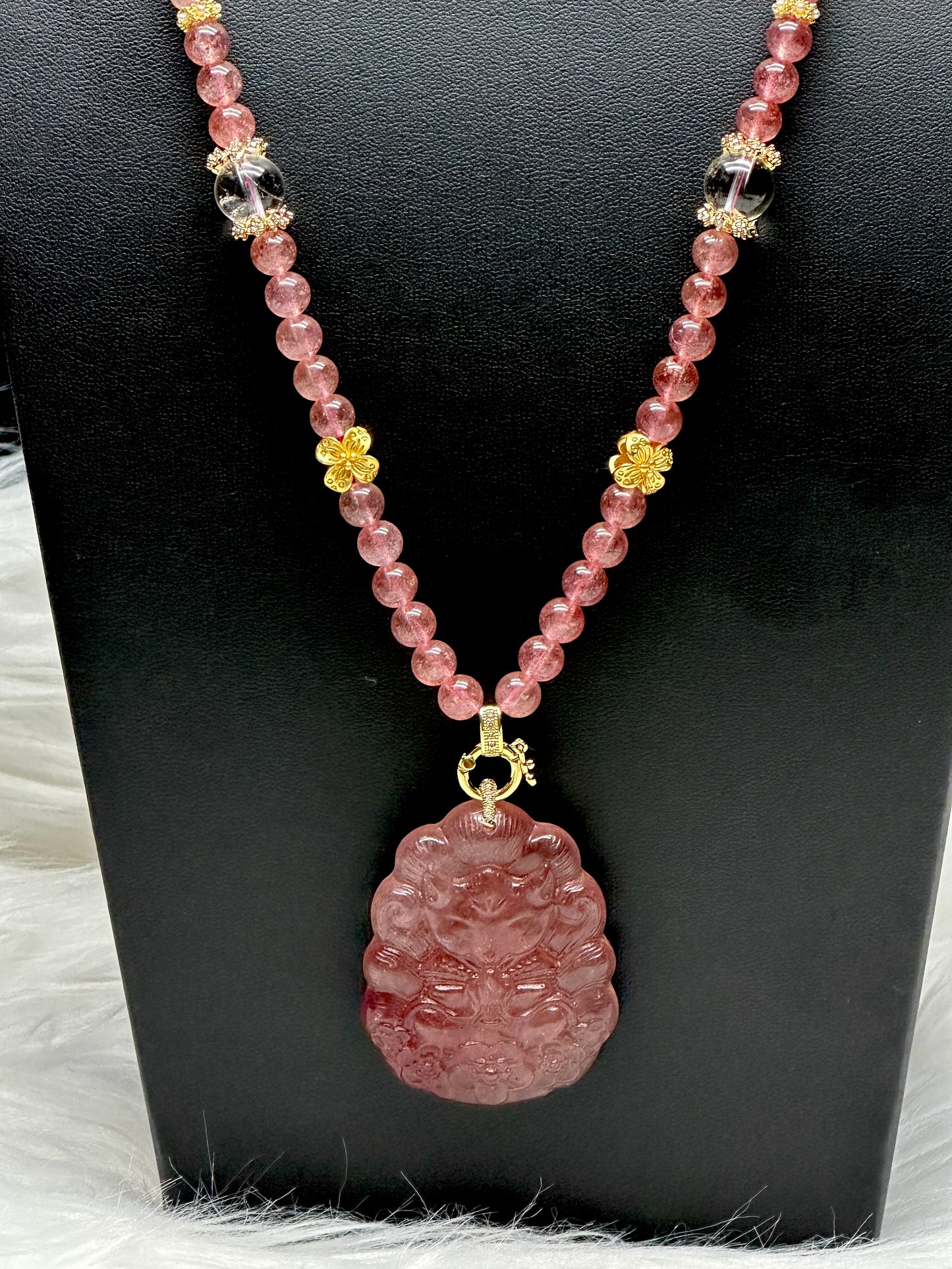 Strawberry Quartz Necklace with Nine-Tail Fox Pendant – 7.5mm Beads, Sterling Silver + 18K Gold Plated Spacers, Adjustable Clasp