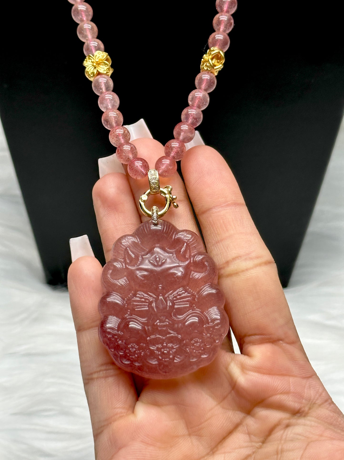Strawberry Quartz Necklace with Nine-Tail Fox Pendant – 7.5mm Beads, Sterling Silver + 18K Gold Plated Spacers, Adjustable Clasp