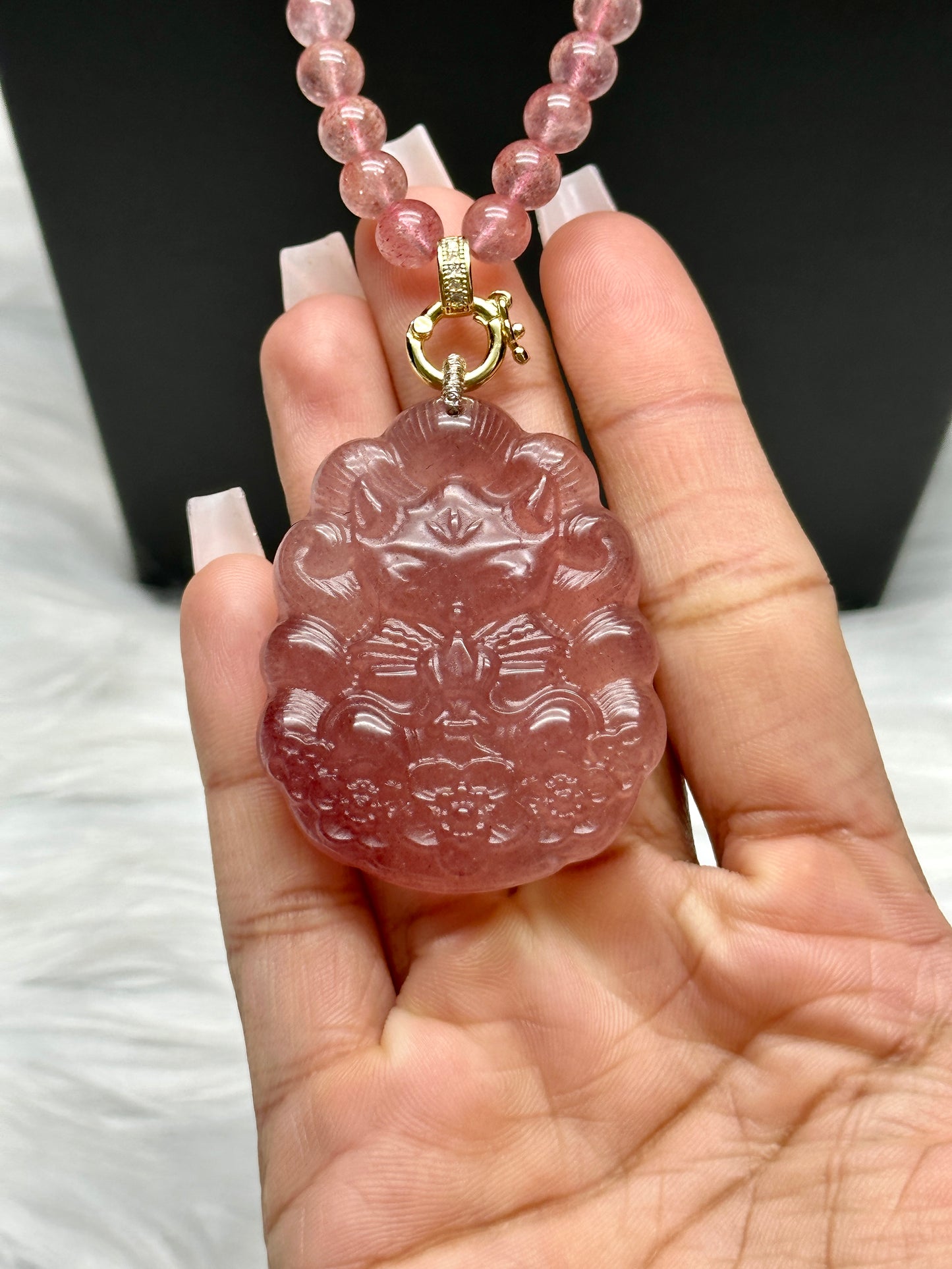 Strawberry Quartz Necklace with Nine-Tail Fox Pendant – 7.5mm Beads, Sterling Silver + 18K Gold Plated Spacers, Adjustable Clasp