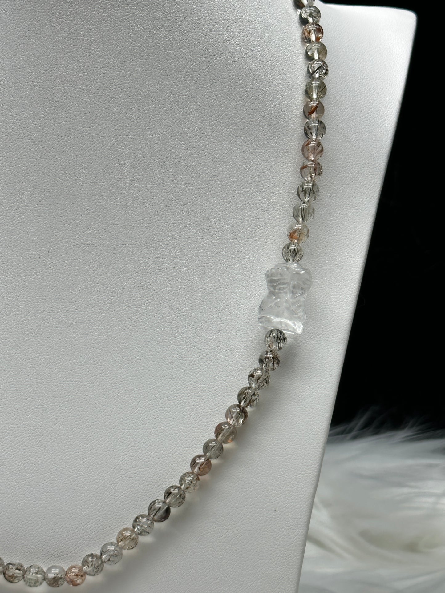 Rutilated Quartz Crystal 3-Layer Bracelet/Necklace – Feng Shui Lion Centerpiece, 7.5mm Beads