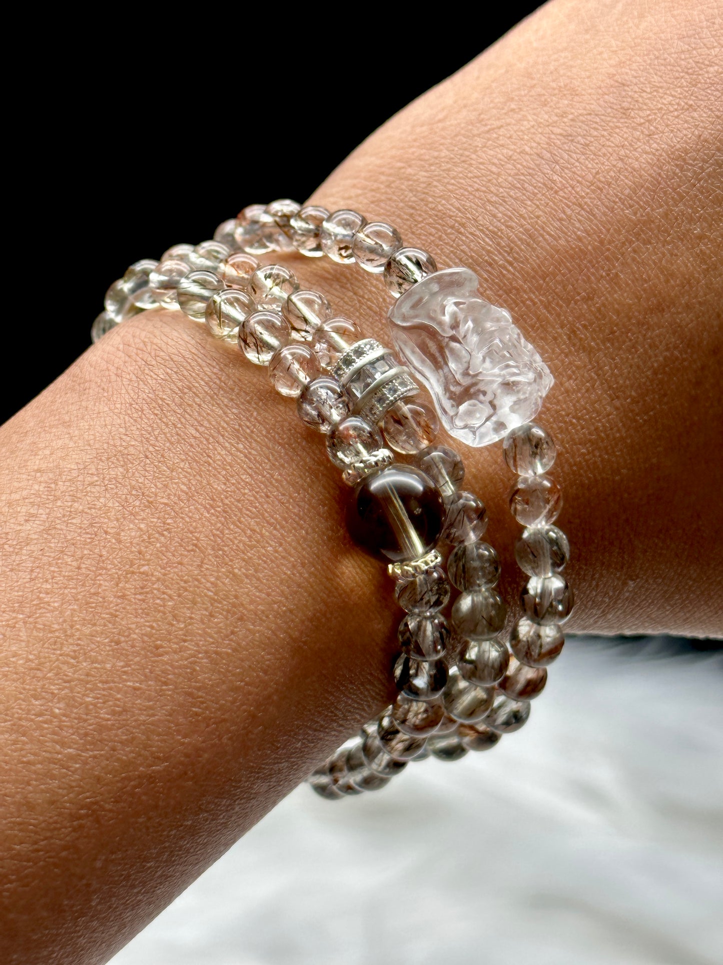 Rutilated Quartz Crystal 3-Layer Bracelet/Necklace – Feng Shui Lion Centerpiece, 7.5mm Beads