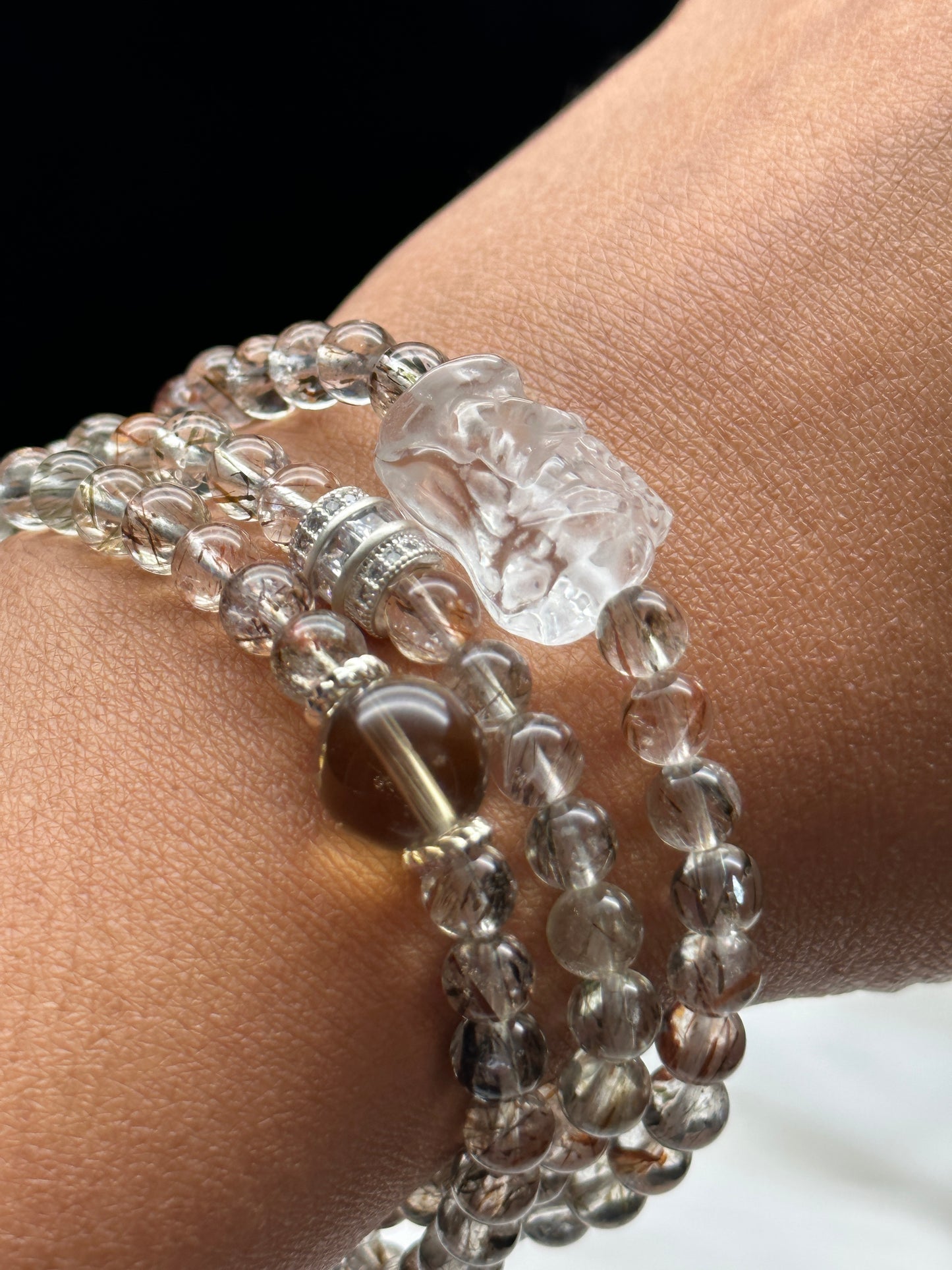 Rutilated Quartz Crystal 3-Layer Bracelet/Necklace – Feng Shui Lion Centerpiece, 7.5mm Beads