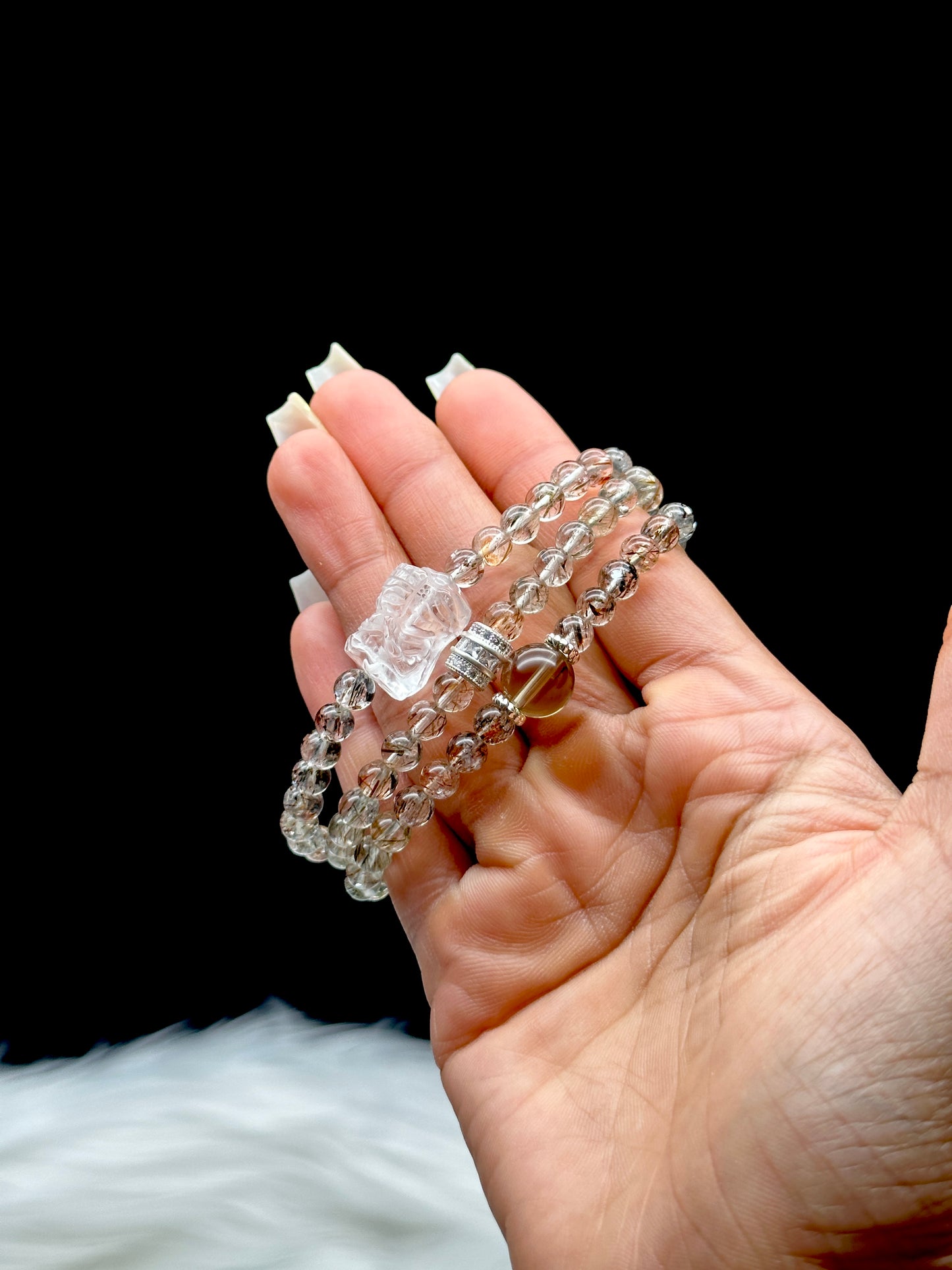 Rutilated Quartz Crystal 3-Layer Bracelet/Necklace – Feng Shui Lion Centerpiece, 7.5mm Beads