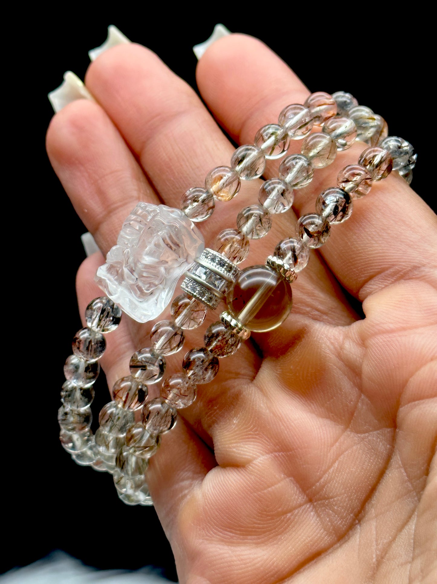 Rutilated Quartz Crystal 3-Layer Bracelet/Necklace – Feng Shui Lion Centerpiece, 7.5mm Beads