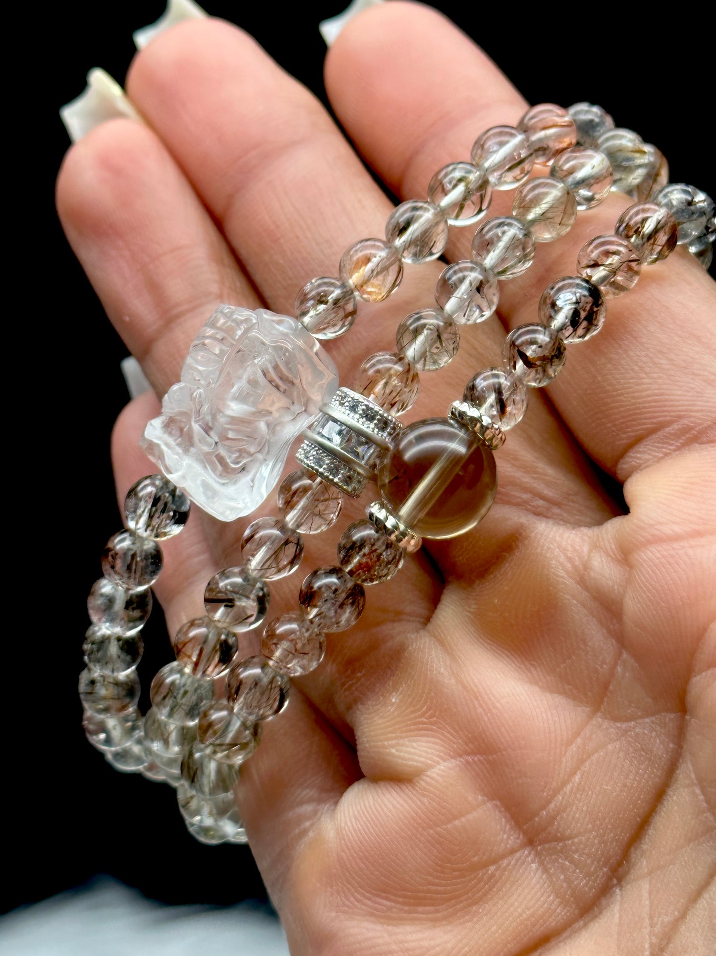 Rutilated Quartz Crystal 3-Layer Bracelet/Necklace – Feng Shui Lion Centerpiece, 7.5mm Beads