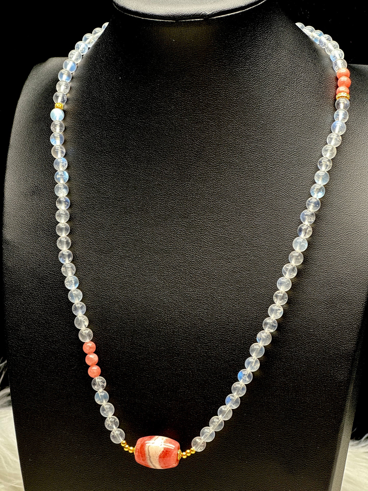 High-Quality Moonstone & Rhodochrosite Pendant – 3-Layer Stretch Bracelet or Necklace | Versatile Crystal Jewelry