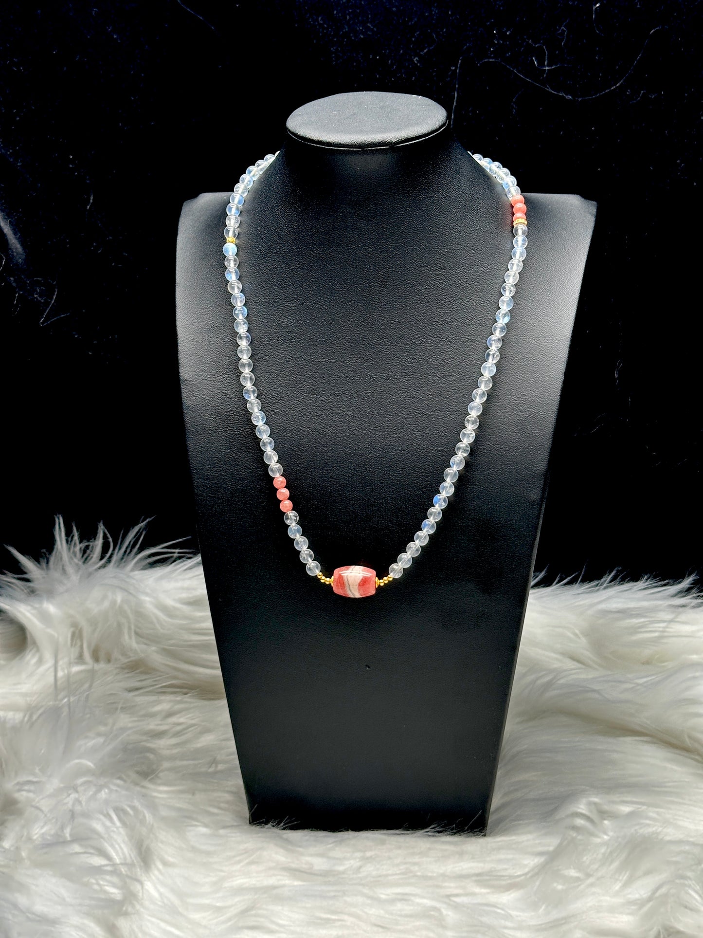 High-Quality Moonstone & Rhodochrosite Pendant – 3-Layer Stretch Bracelet or Necklace | Versatile Crystal Jewelry