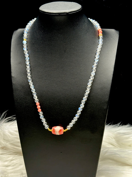 High-Quality Moonstone & Rhodochrosite Pendant – 3-Layer Stretch Bracelet or Necklace | Versatile Crystal Jewelry