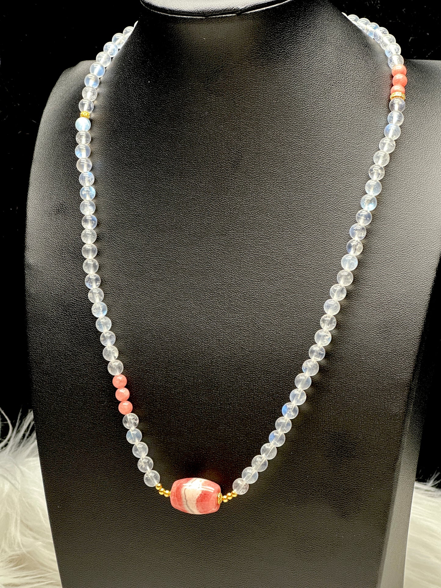 High-Quality Moonstone & Rhodochrosite Pendant – 3-Layer Stretch Bracelet or Necklace | Versatile Crystal Jewelry