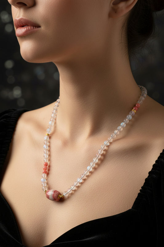 High-Quality Moonstone & Rhodochrosite Pendant – 3-Layer Stretch Bracelet or Necklace | Versatile Crystal Jewelry