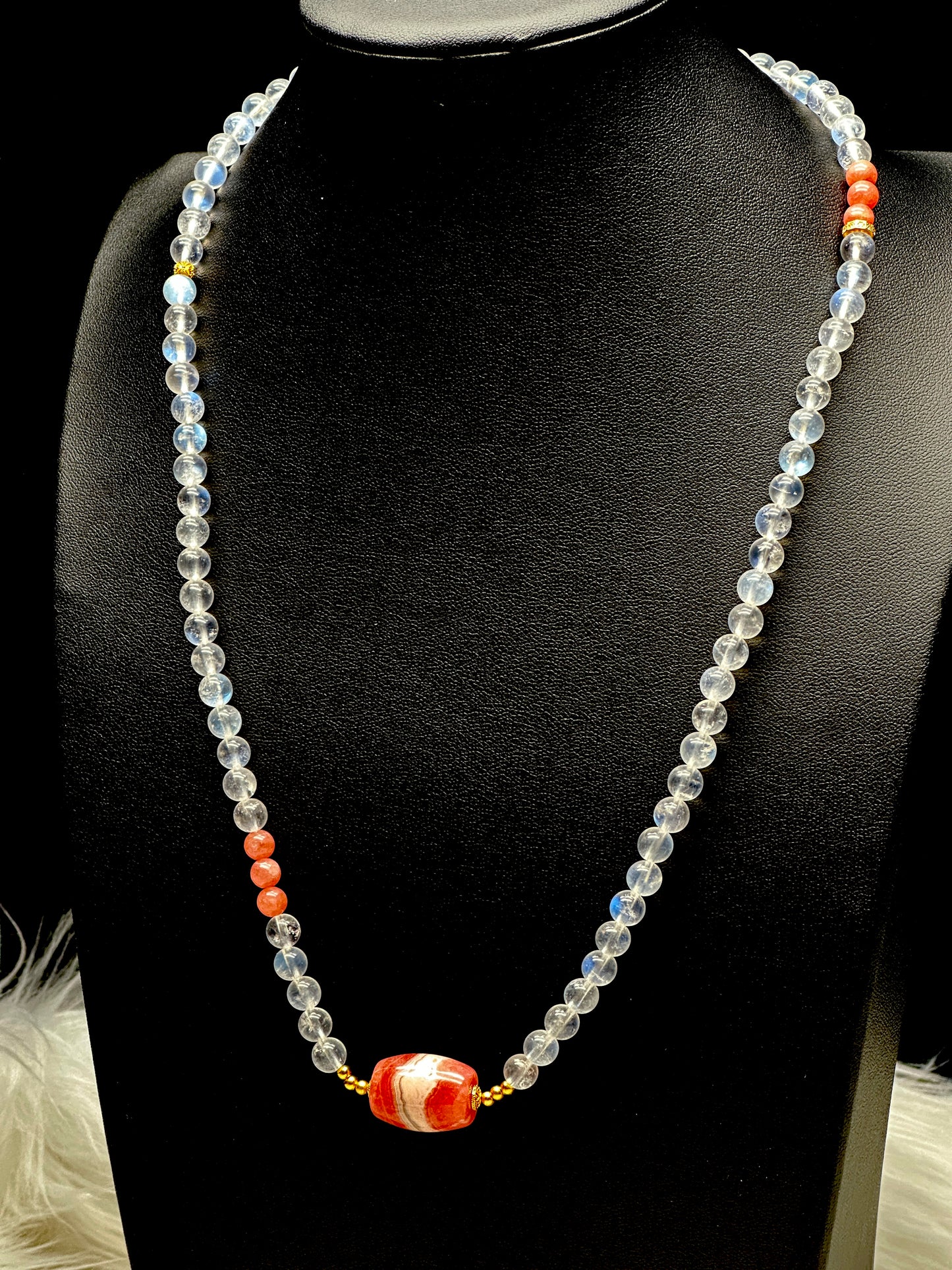 High-Quality Moonstone & Rhodochrosite Pendant – 3-Layer Stretch Bracelet or Necklace | Versatile Crystal Jewelry