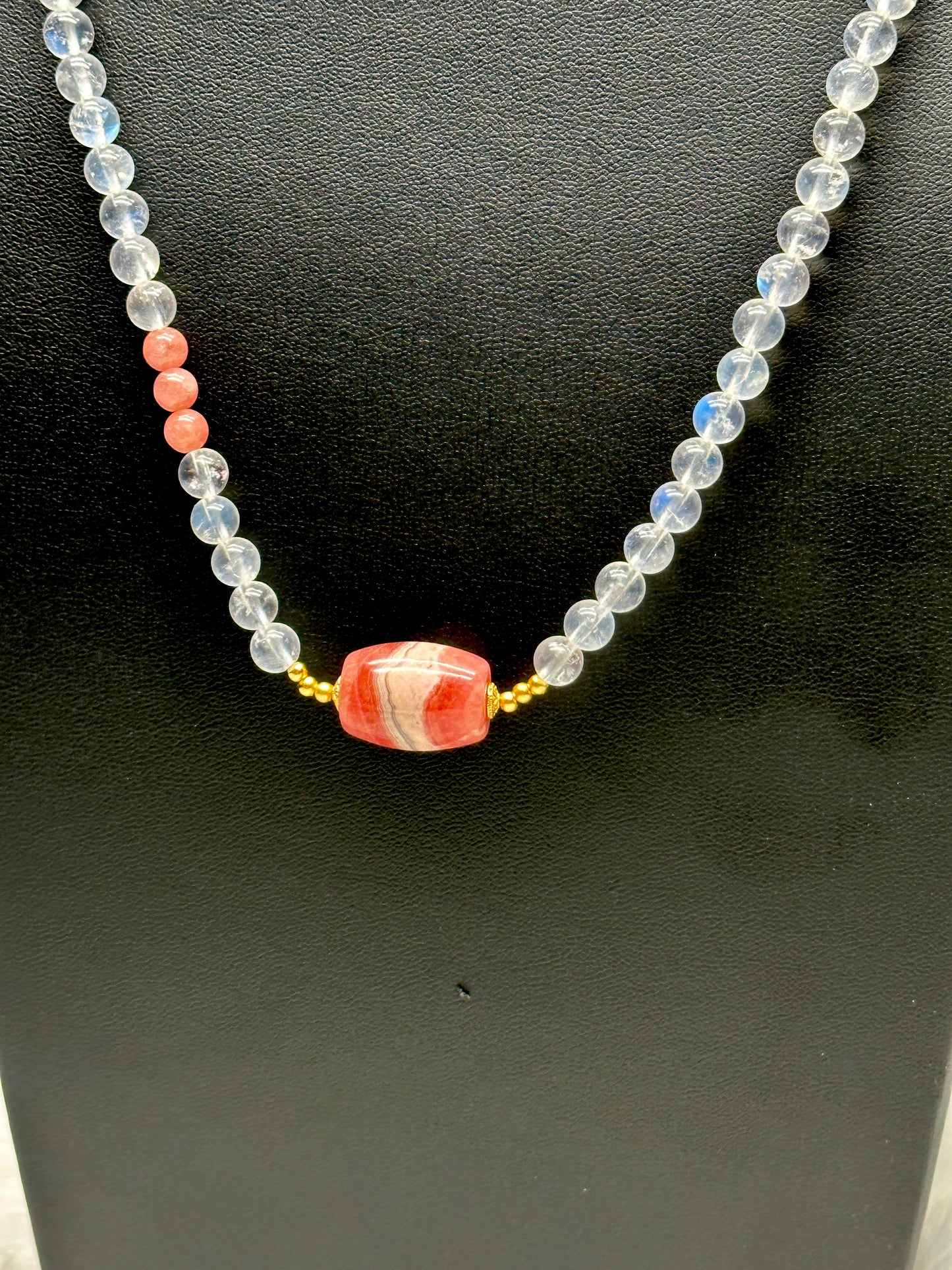 High-Quality Moonstone & Rhodochrosite Pendant – 3-Layer Stretch Bracelet or Necklace | Versatile Crystal Jewelry