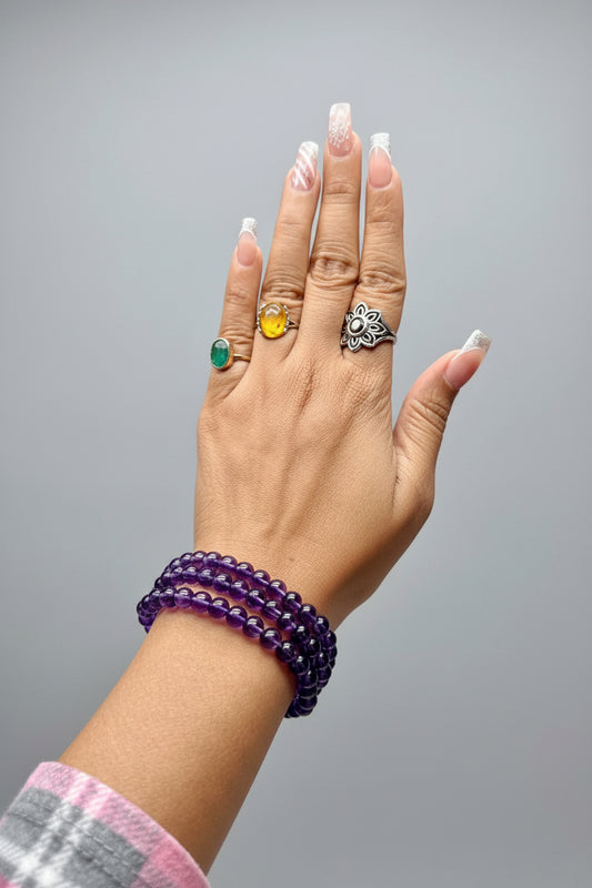 High-Quality Amethyst Round Bead Necklace / 3-Layer Bracelet – Stretchable, Versatile Crystal Jewelry
