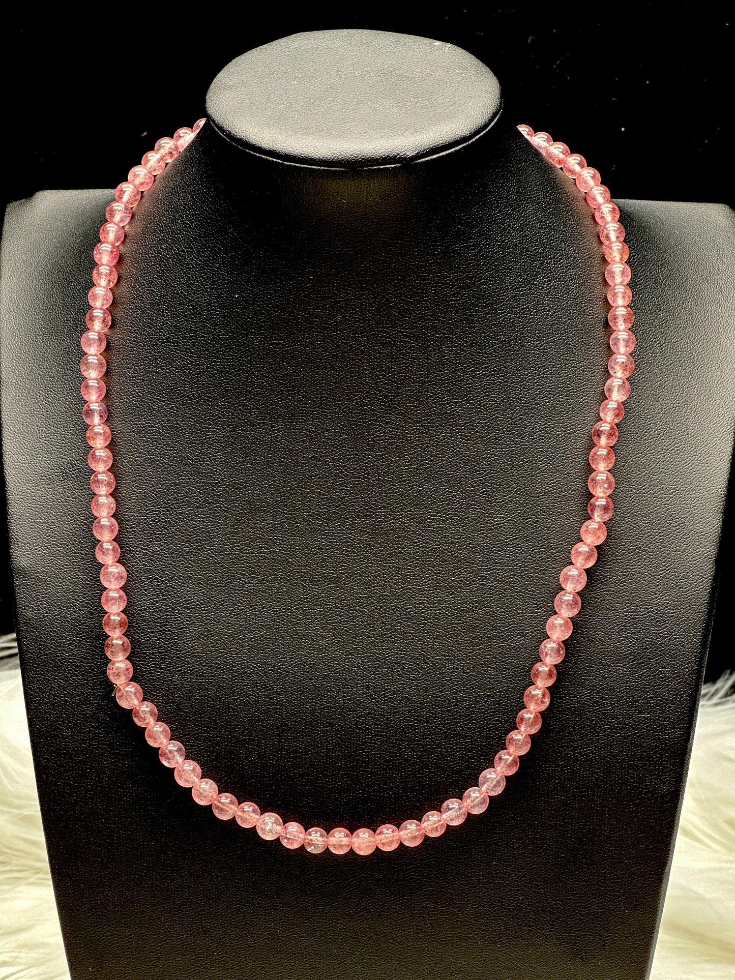 High-Quality Strawberry Quartz Round Bead Necklace / 3-Layer Bracelet – Stretchable Cord, Versatile 2-in-1 Jewelry
