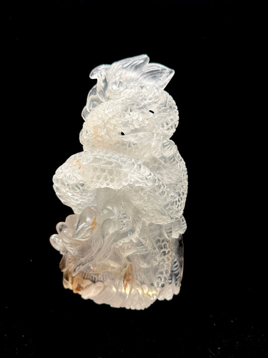 Clear quartz dragon carving with wealth coin - front view