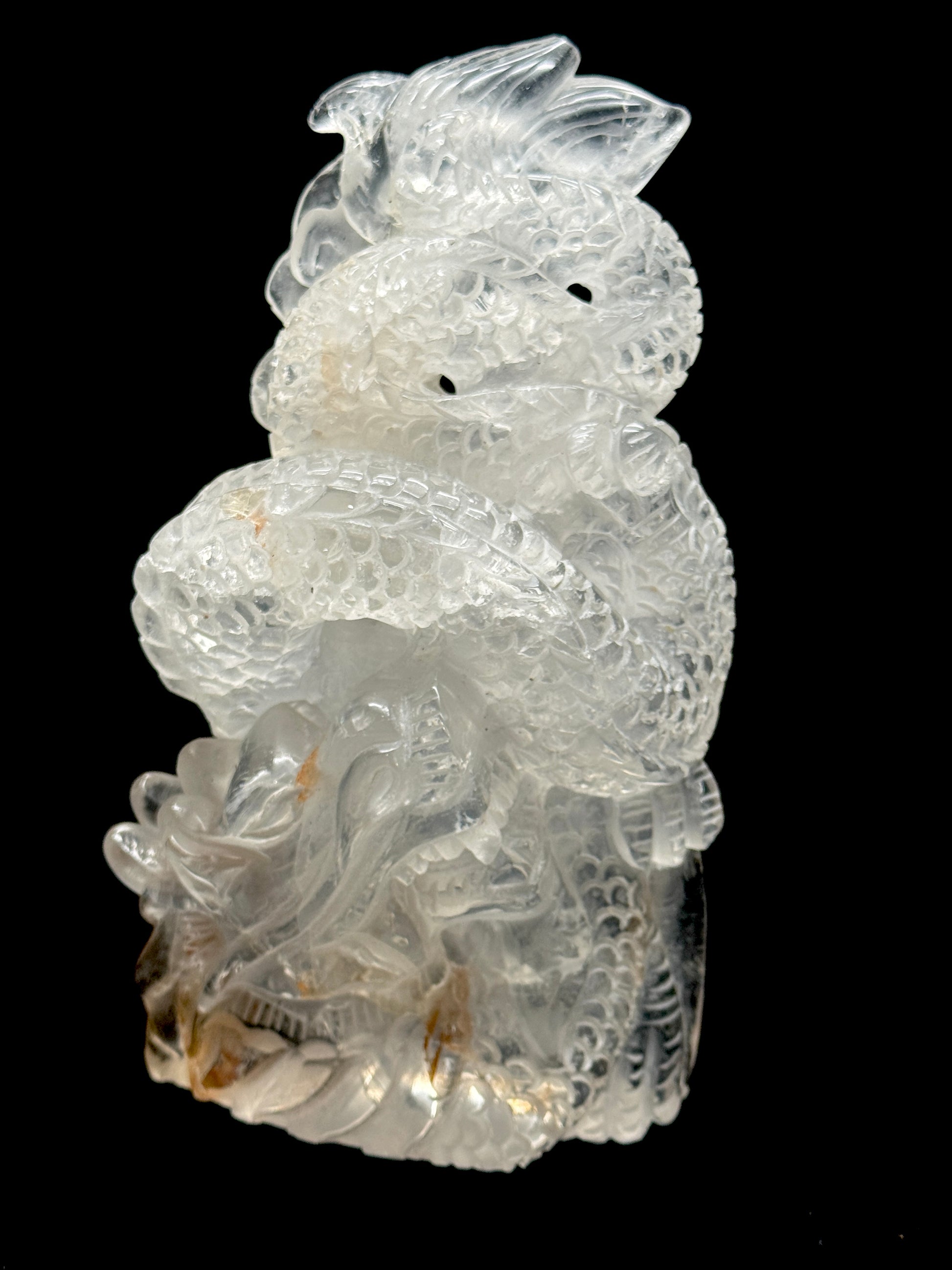 Clear quartz dragon carving - side view 1