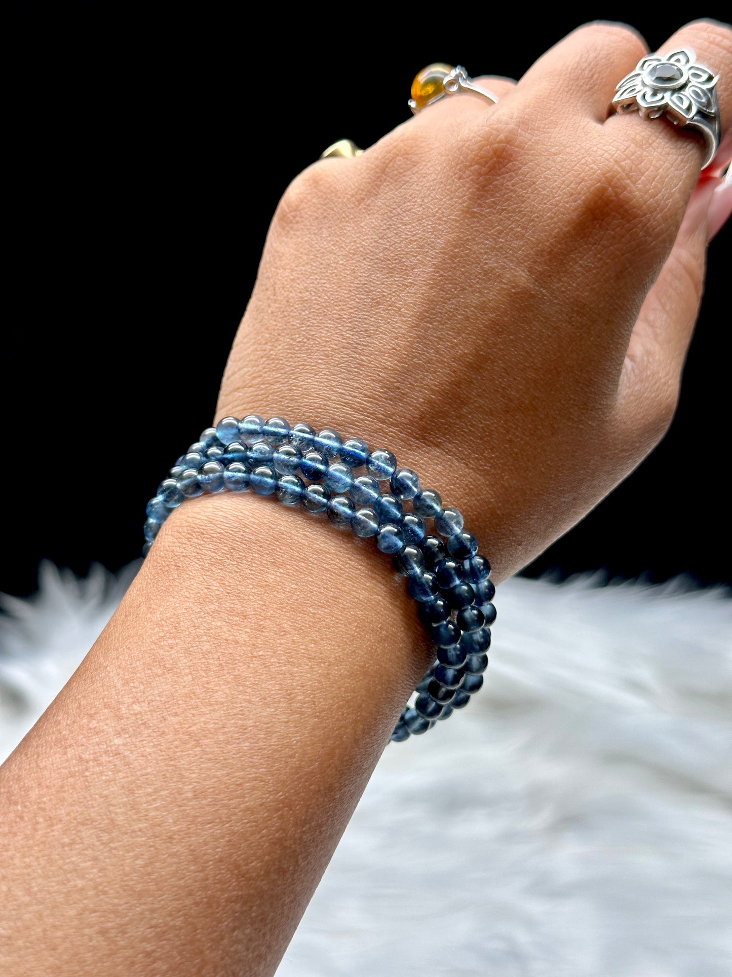 Rare Blue Fluorite Crystal Bracelet/Necklace – 3-Layer Wrap Style, 5mm Natural Gemstone Beads