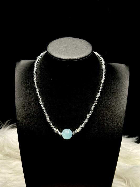 High-Quality Clear Quartz & Aquamarine Bead Necklace – Sterling Silver Hook & Charm, 13mm Aquamarine Center