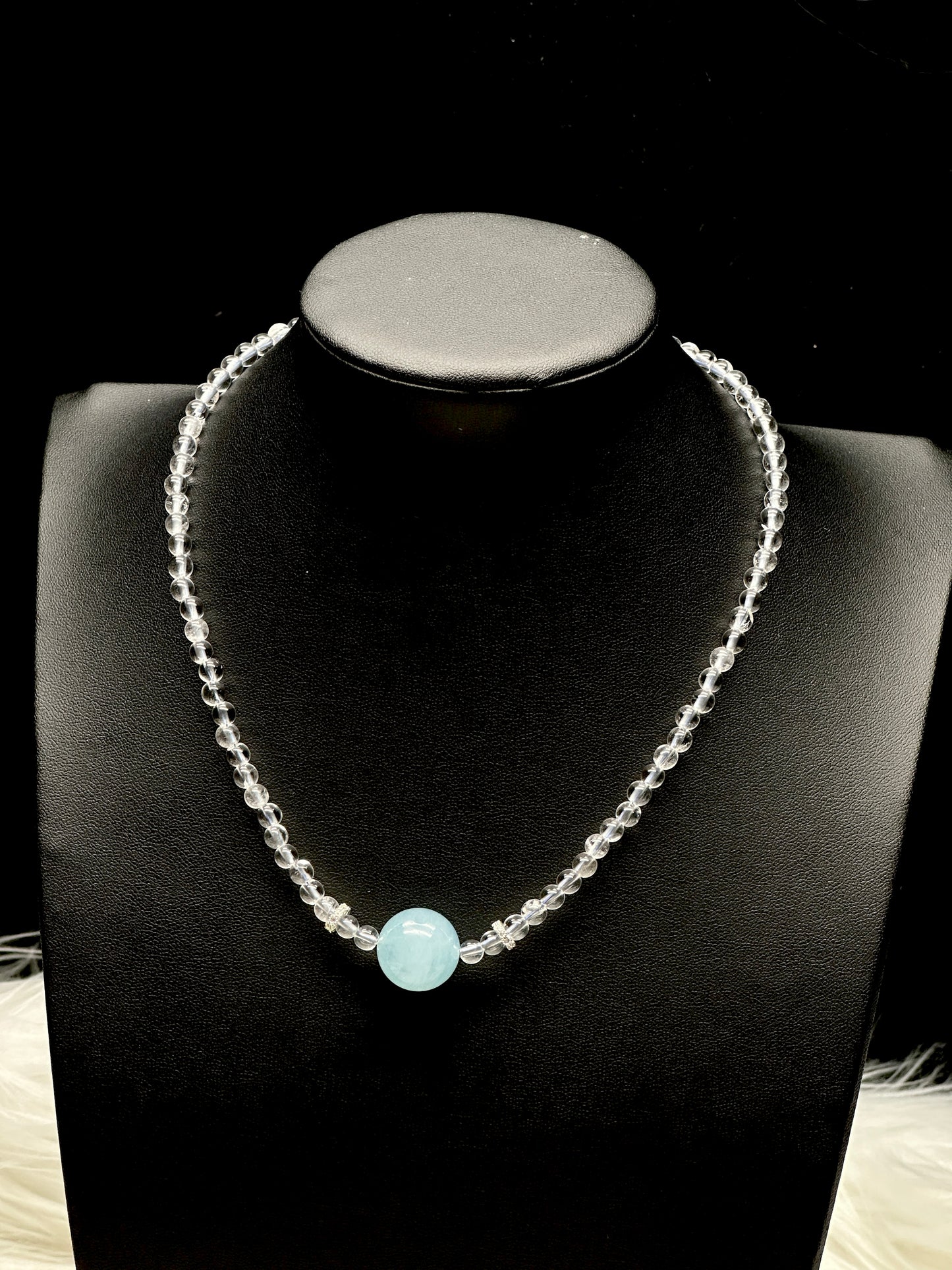 High-Quality Clear Quartz & Aquamarine Bead Necklace – Sterling Silver Hook & Charm, 13mm Aquamarine Center