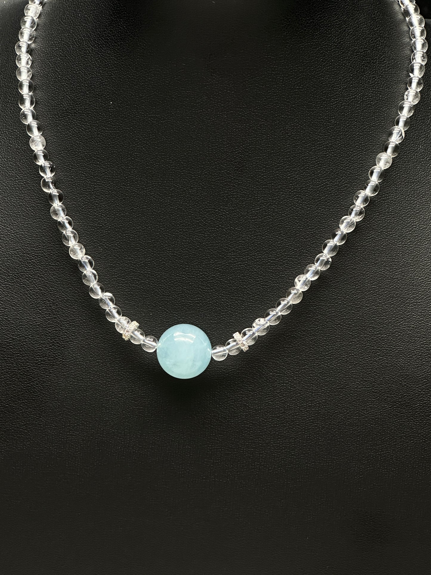 High-Quality Clear Quartz & Aquamarine Bead Necklace – Sterling Silver Hook & Charm, 13mm Aquamarine Center
