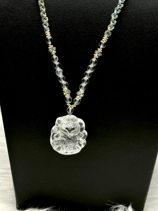 Clear Quartz Bead Necklace with Nine Tail Fox Pendant – Adjustable Thread, Sterling Silver Accents