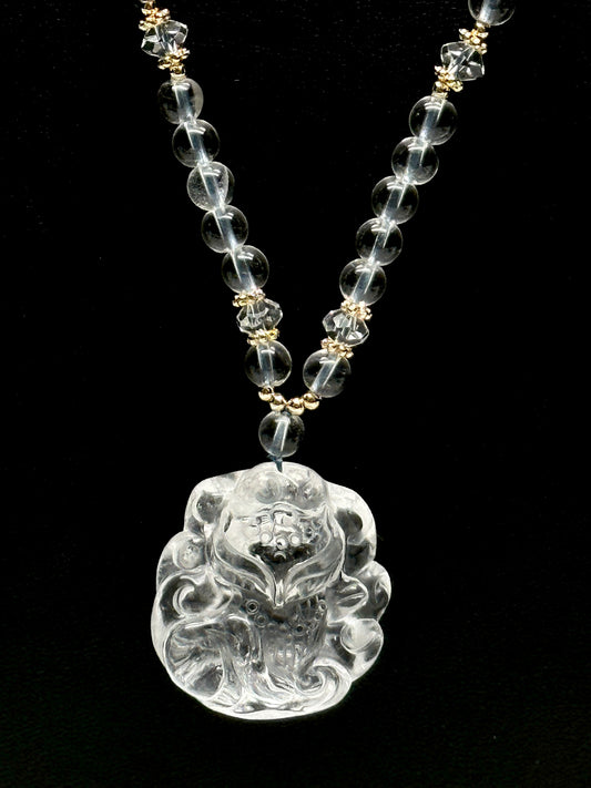 Clear Quartz Bead Necklace with Nine Tail Fox Pendant – Adjustable Thread, Sterling Silver Accents