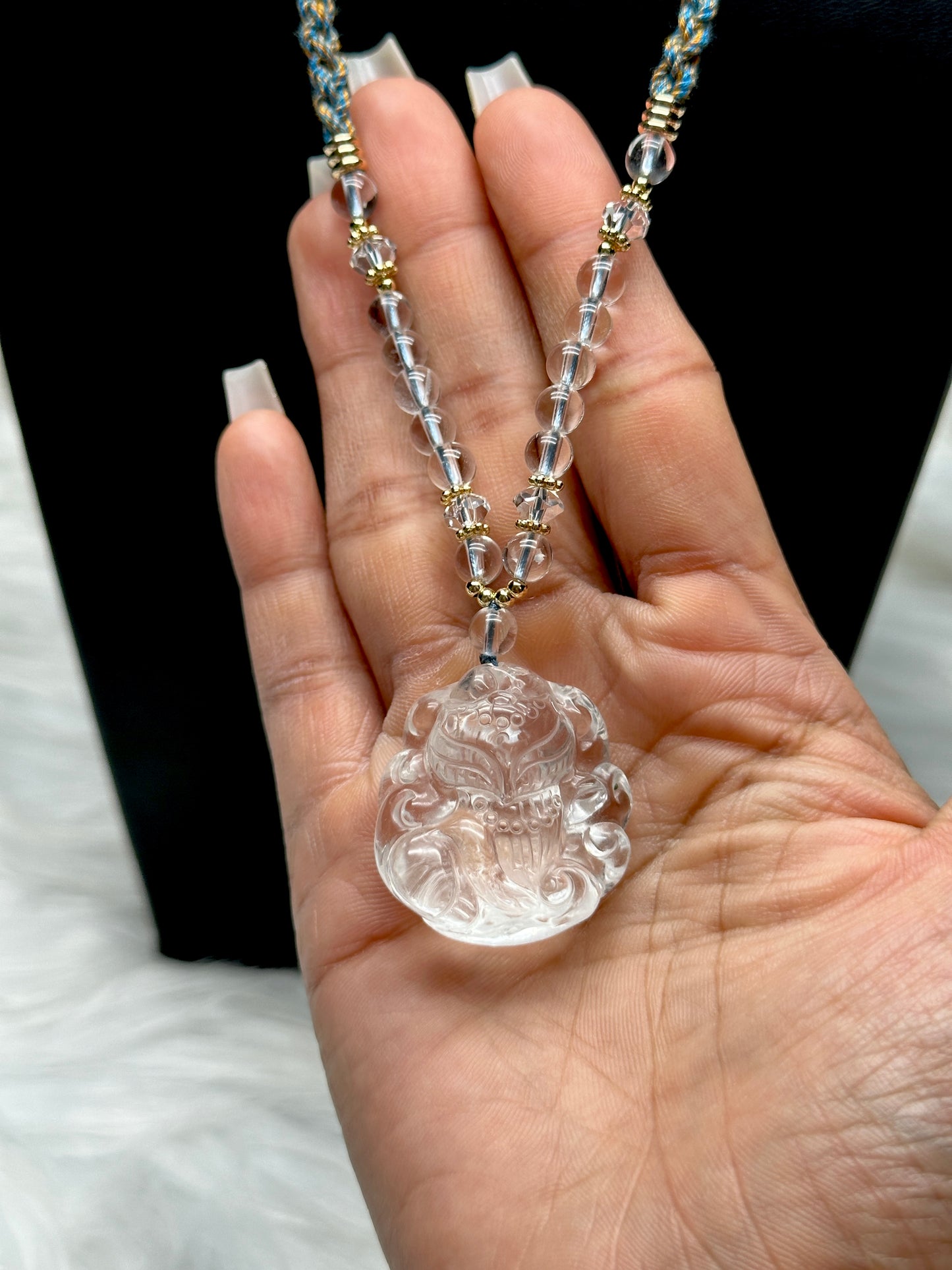 Clear Quartz Bead Necklace with Nine Tail Fox Pendant – Adjustable Thread, Sterling Silver Accents