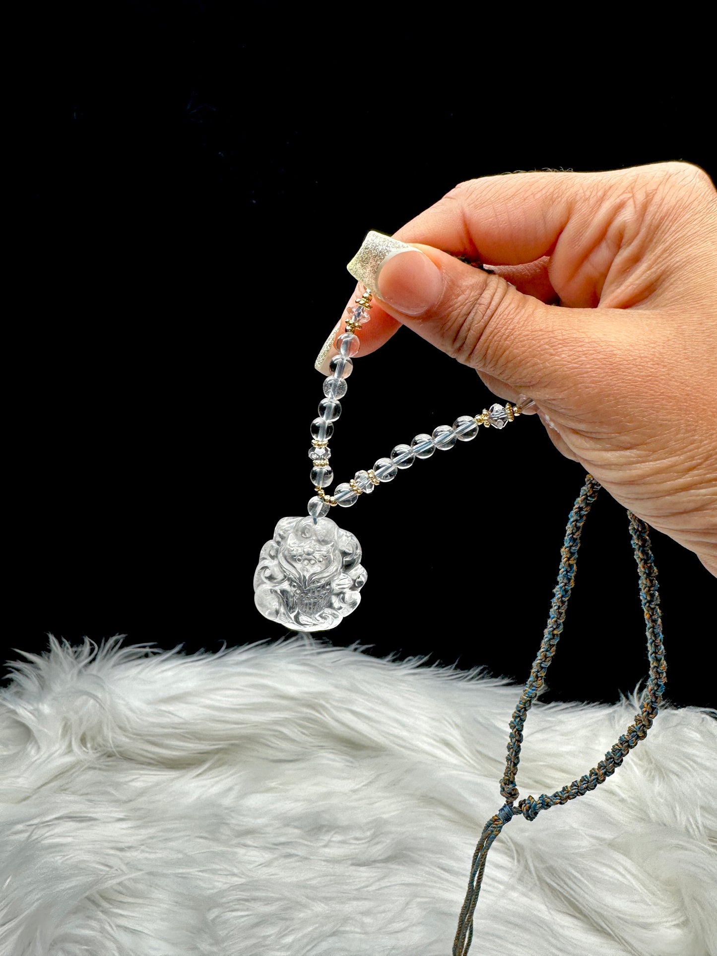 Clear Quartz Bead Necklace with Nine Tail Fox Pendant – Adjustable Thread, Sterling Silver Accents