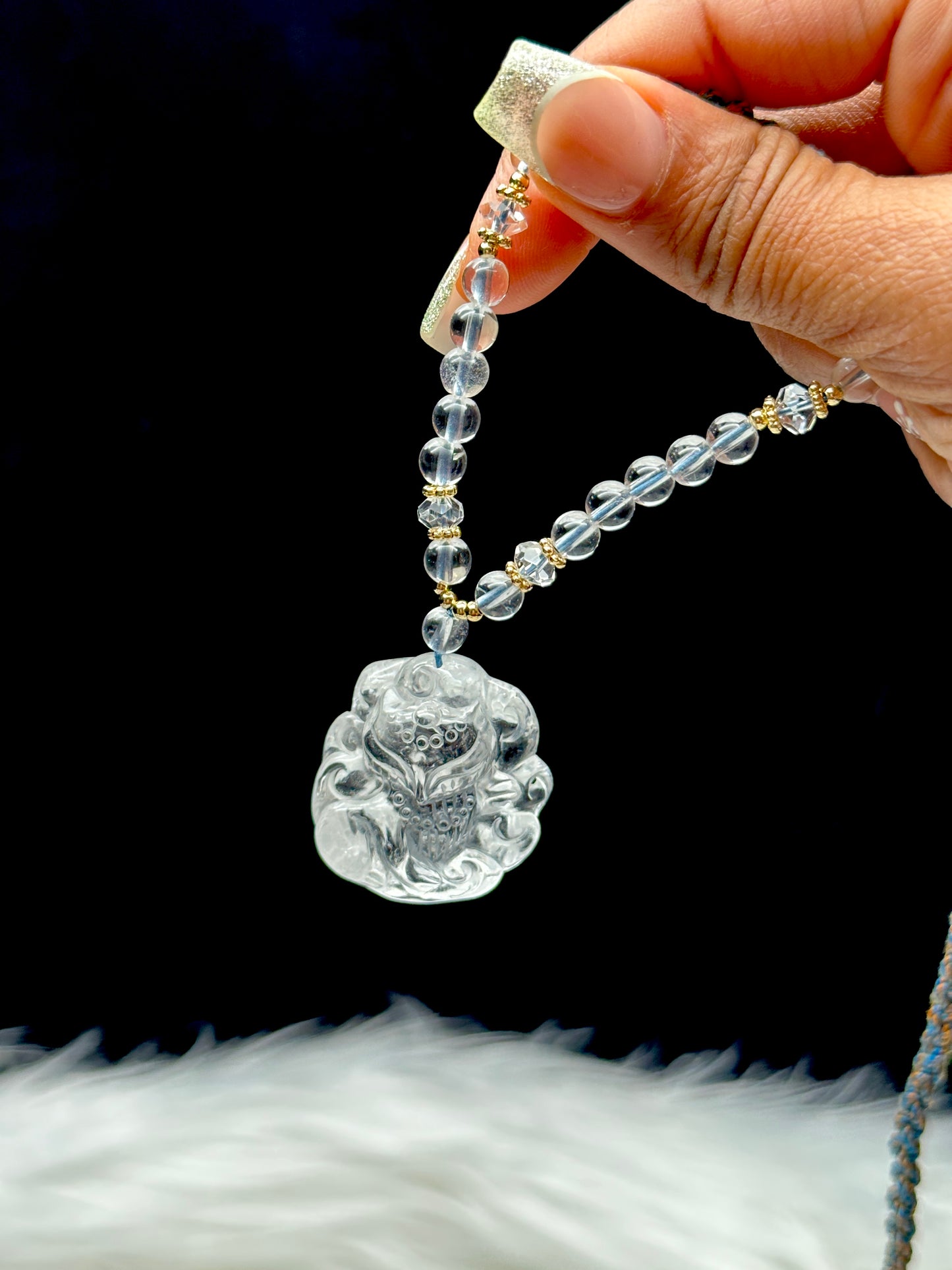 Clear Quartz Bead Necklace with Nine Tail Fox Pendant – Adjustable Thread, Sterling Silver Accents