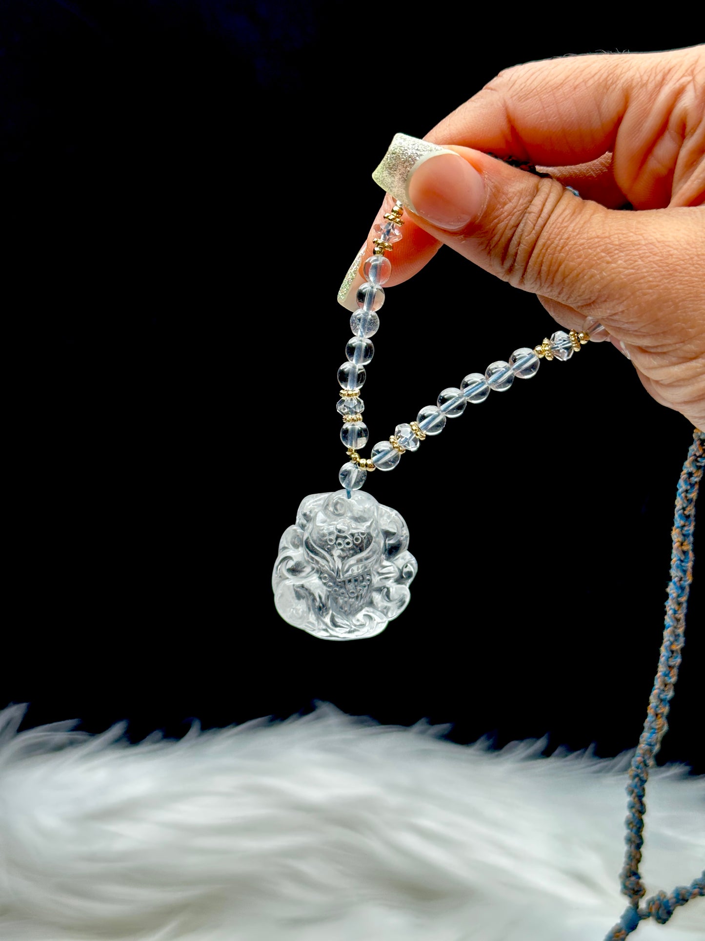 Clear Quartz Bead Necklace with Nine Tail Fox Pendant – Adjustable Thread, Sterling Silver Accents