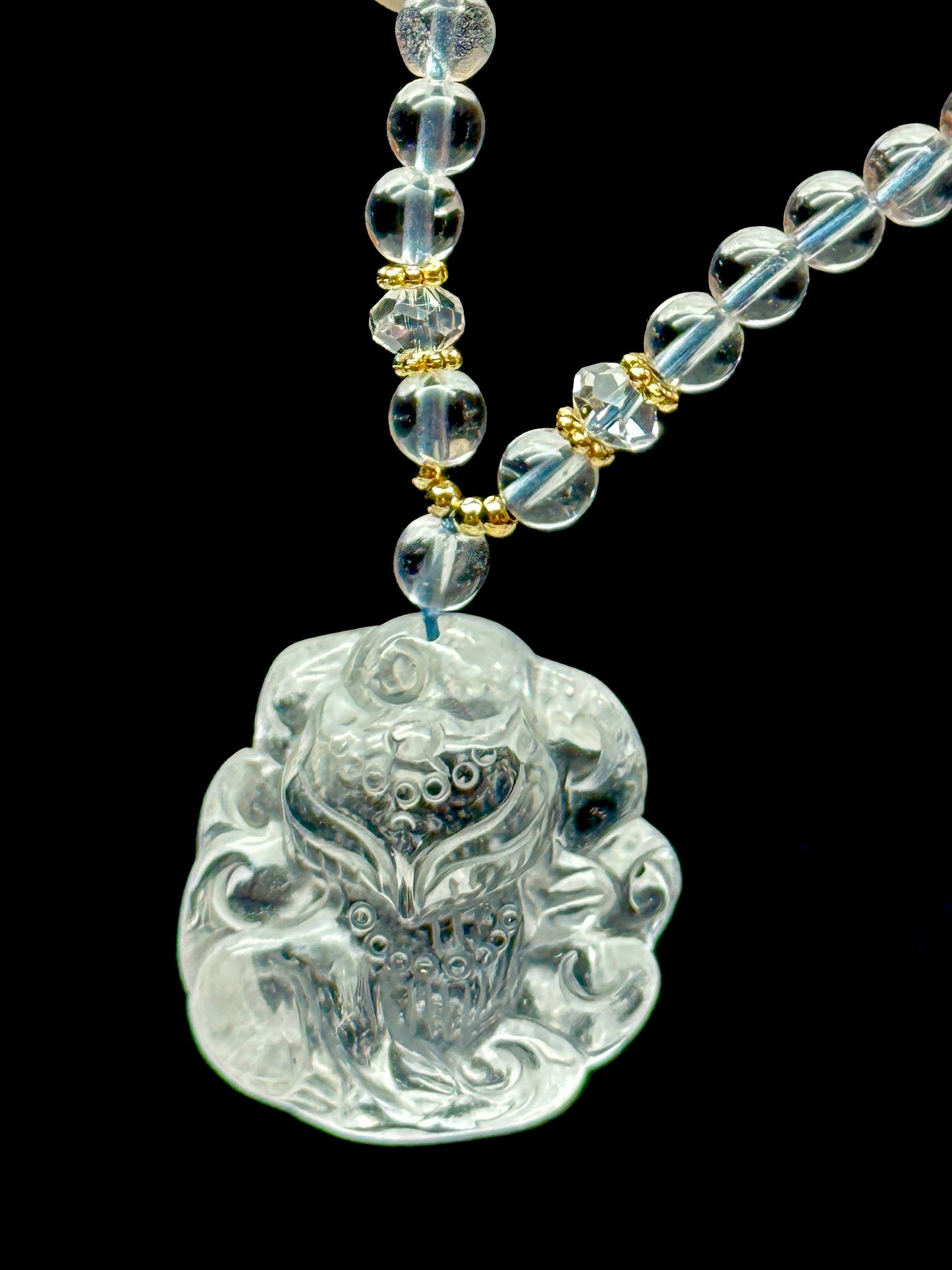 Clear Quartz Bead Necklace with Nine Tail Fox Pendant – Adjustable Thread, Sterling Silver Accents