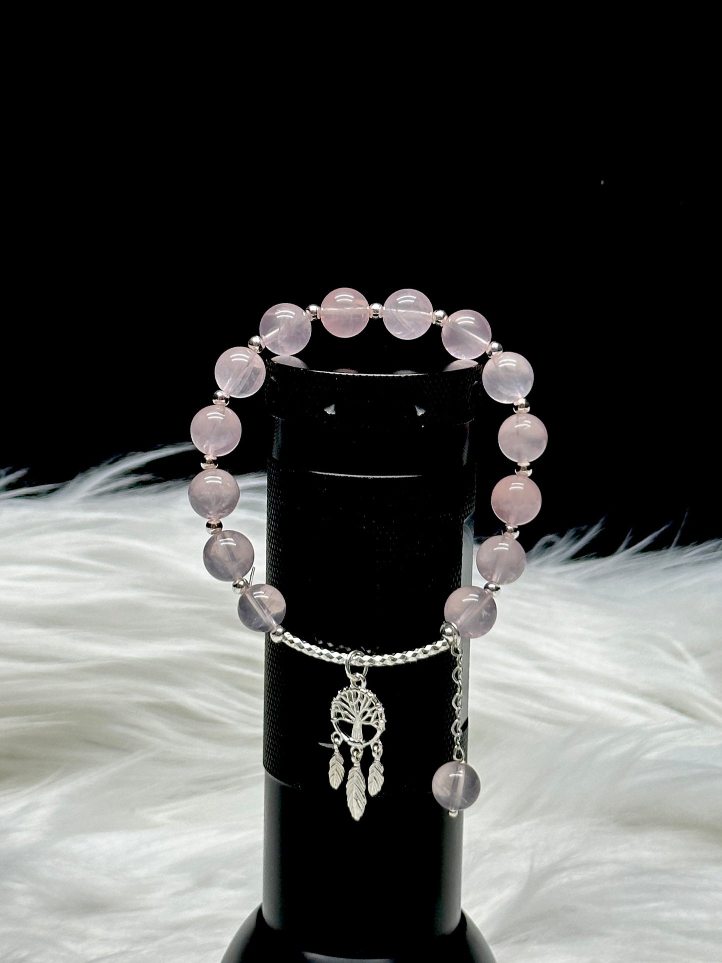 Rose Quartz Crystal Bracelet – Sterling Silver Dreamcatcher Charm, Stretch Cord, High Quality