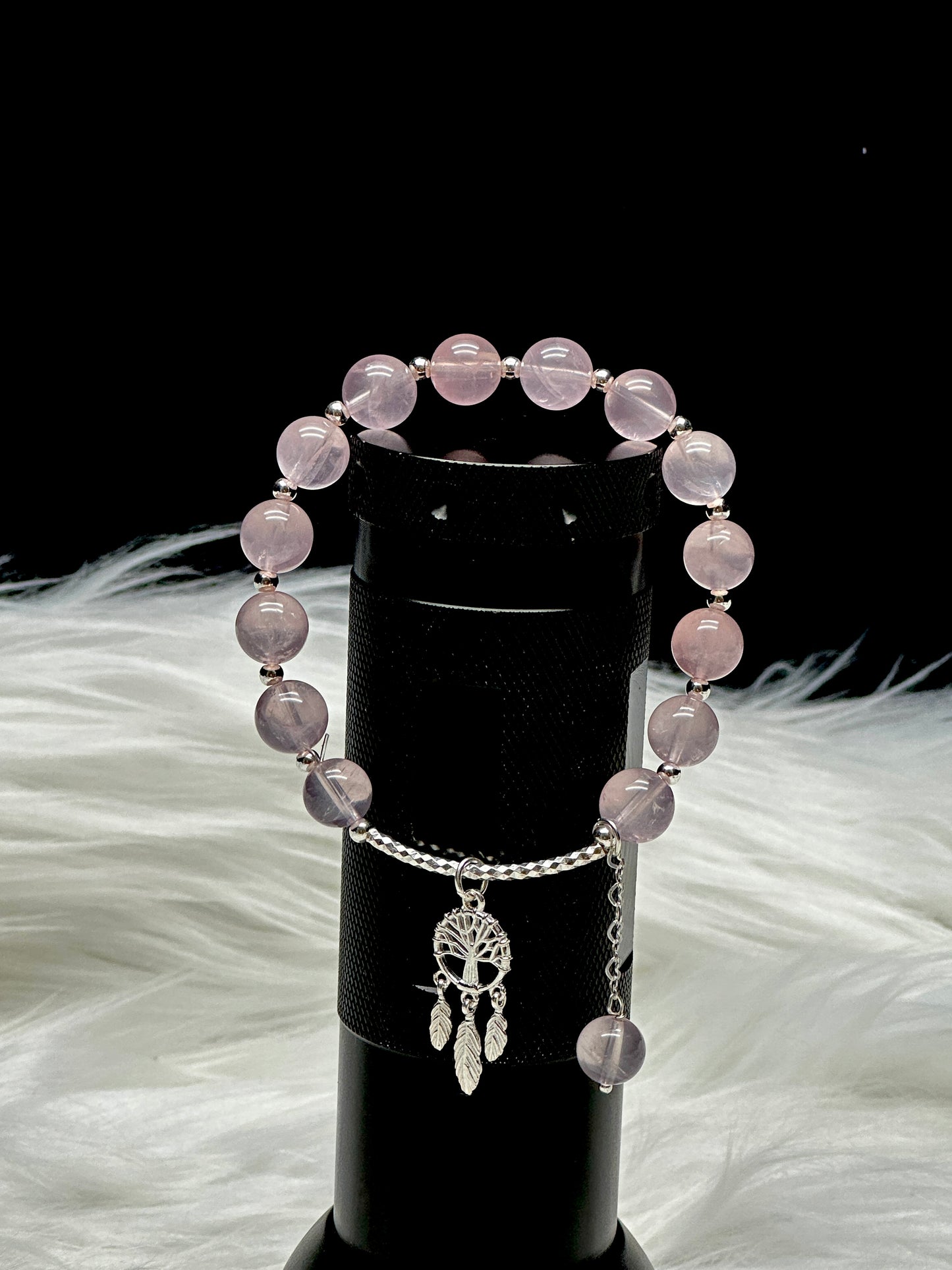 Rose Quartz Crystal Bracelet – Sterling Silver Dreamcatcher Charm, Stretch Cord, High Quality
