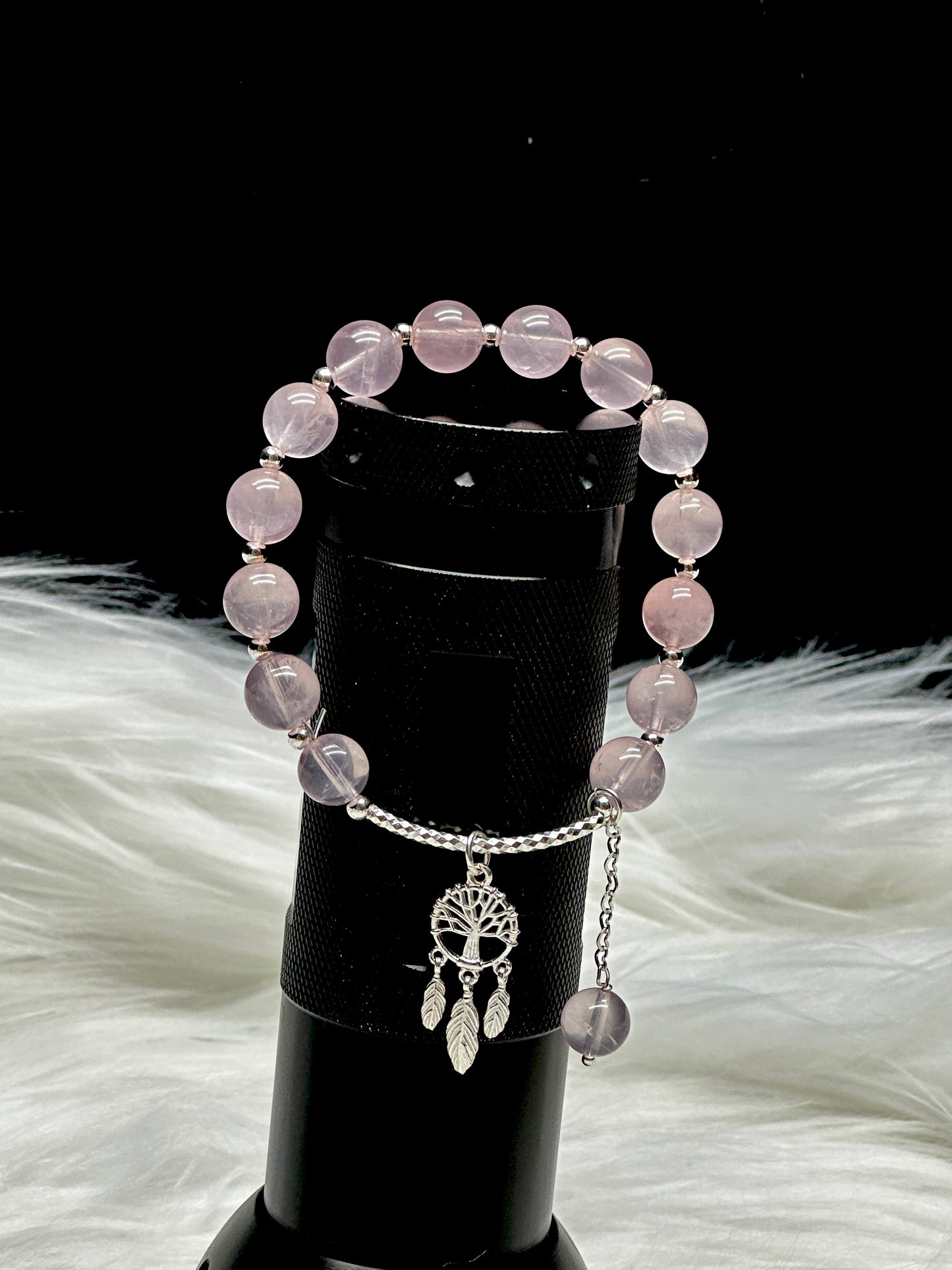 Rose Quartz Crystal Bracelet – Sterling Silver Dreamcatcher Charm, Stretch Cord, High Quality