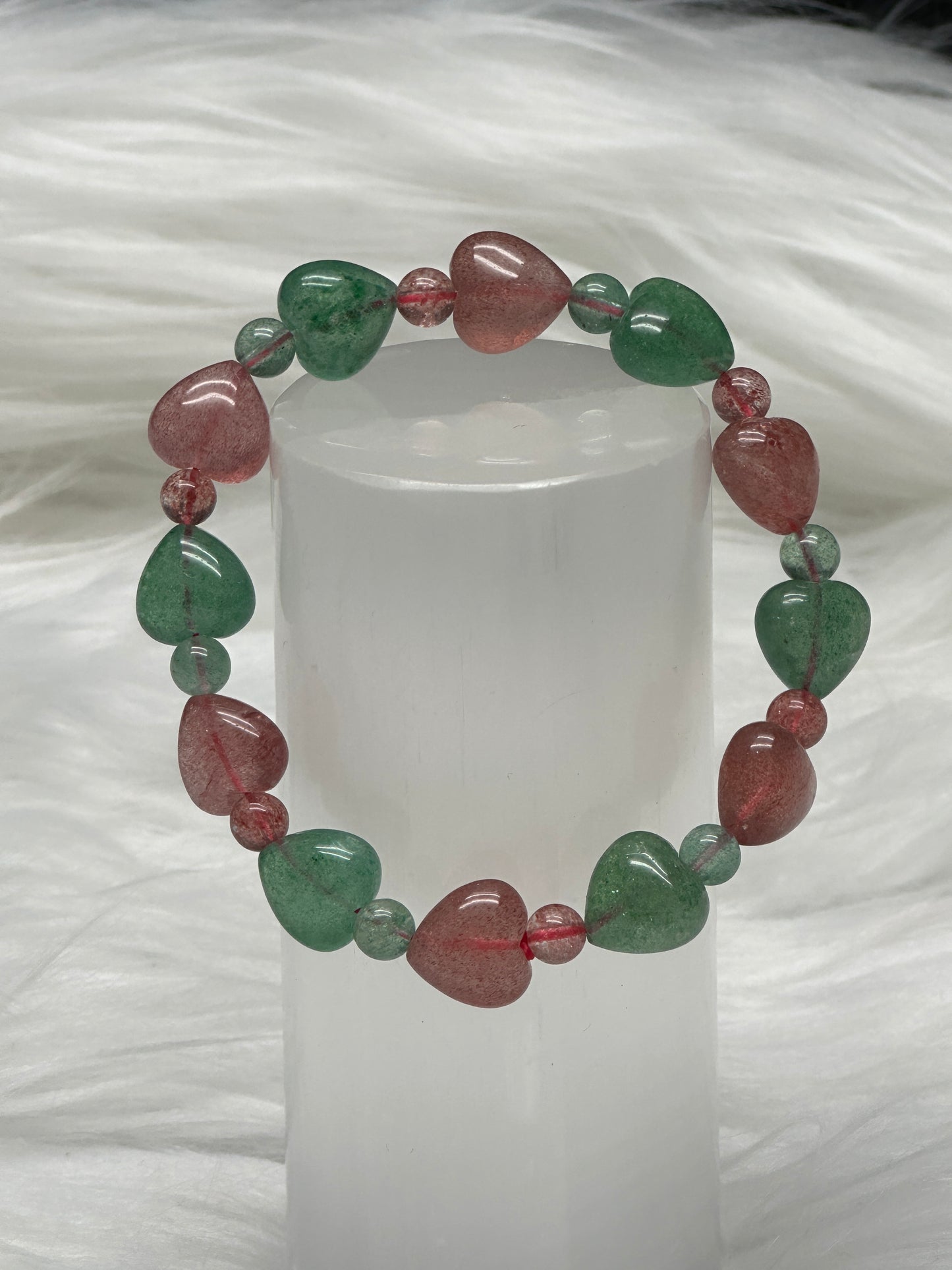 Green & Pink Strawberry Quartz Heart Bracelet – Natural Crystal Beads, Stretch Cord, Handmade