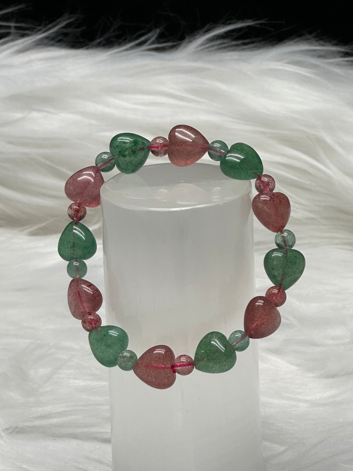 Green & Pink Strawberry Quartz Heart Bracelet – Natural Crystal Beads, Stretch Cord, Handmade