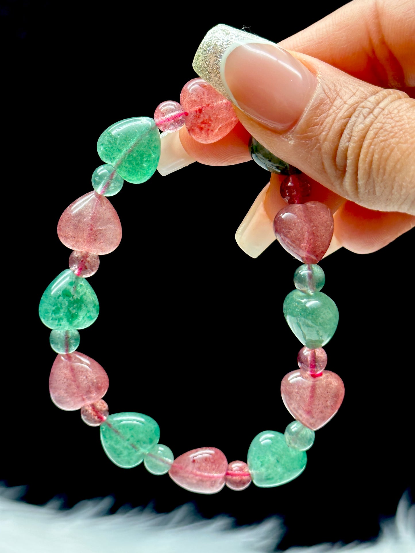Green & Pink Strawberry Quartz Heart Bracelet – Natural Crystal Beads, Stretch Cord, Handmade