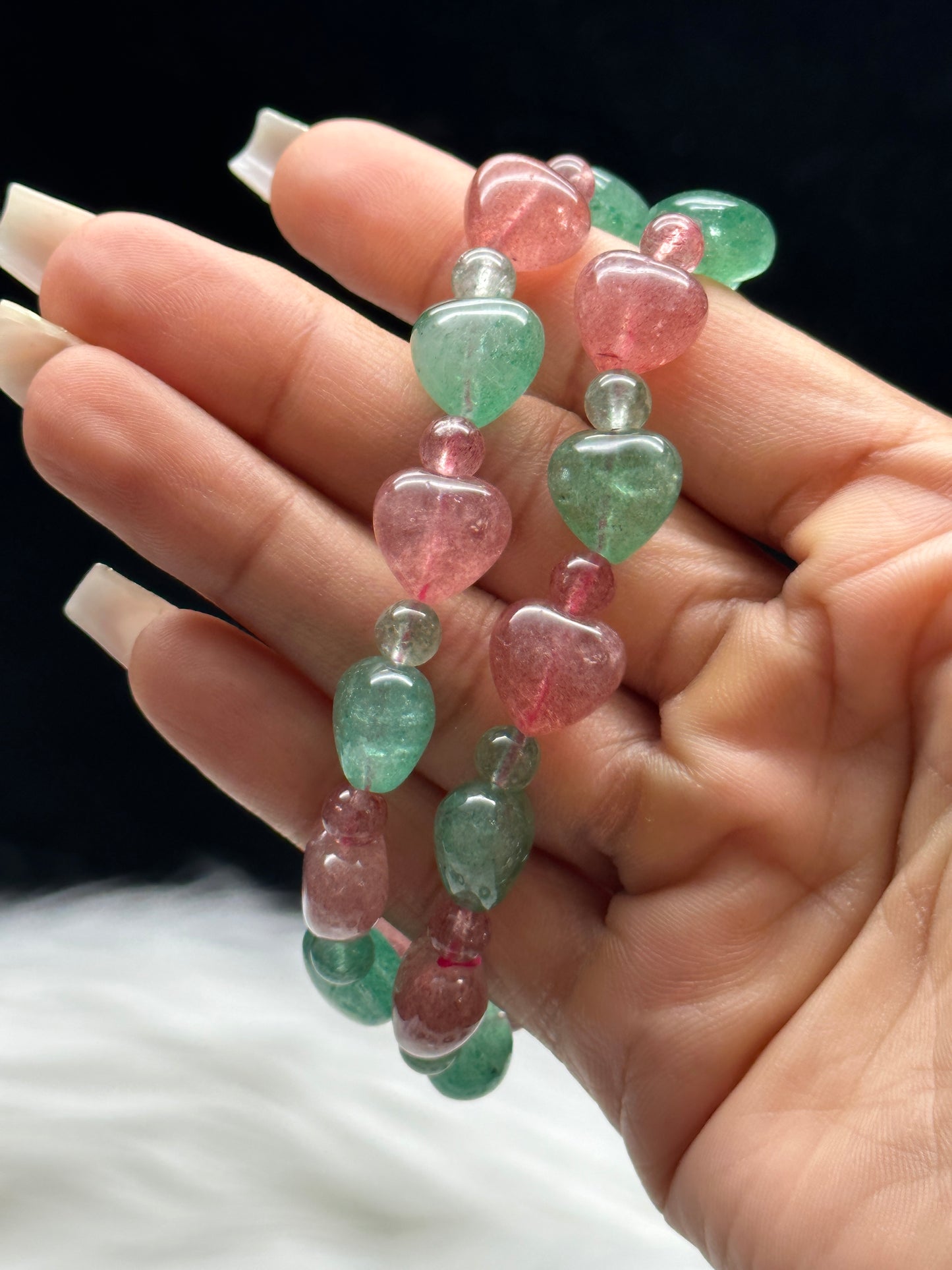 Green & Pink Strawberry Quartz Heart Bracelet – Natural Crystal Beads, Stretch Cord, Handmade