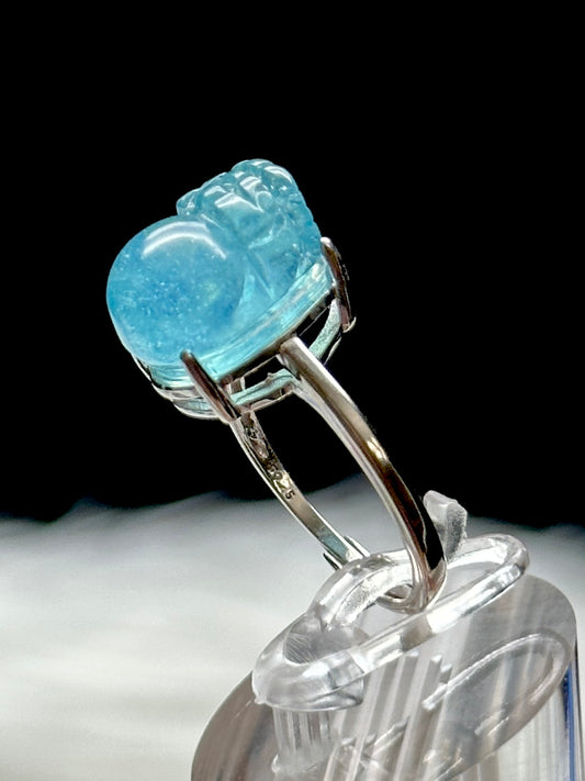 High Grade Gemmy Aquamarine Crystal Pixiu Ring – Adjustable Size, Sterling Silver