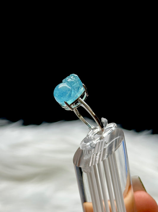 High Grade Gemmy Aquamarine Crystal Pixiu Ring – Adjustable Size, Sterling Silver
