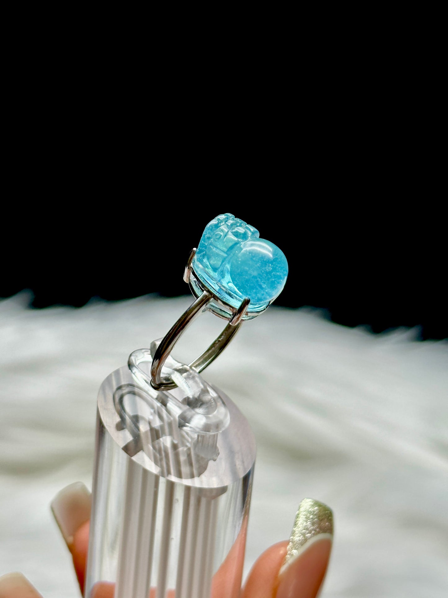 High Grade Gemmy Aquamarine Crystal Pixiu Ring – Adjustable Size, Sterling Silver