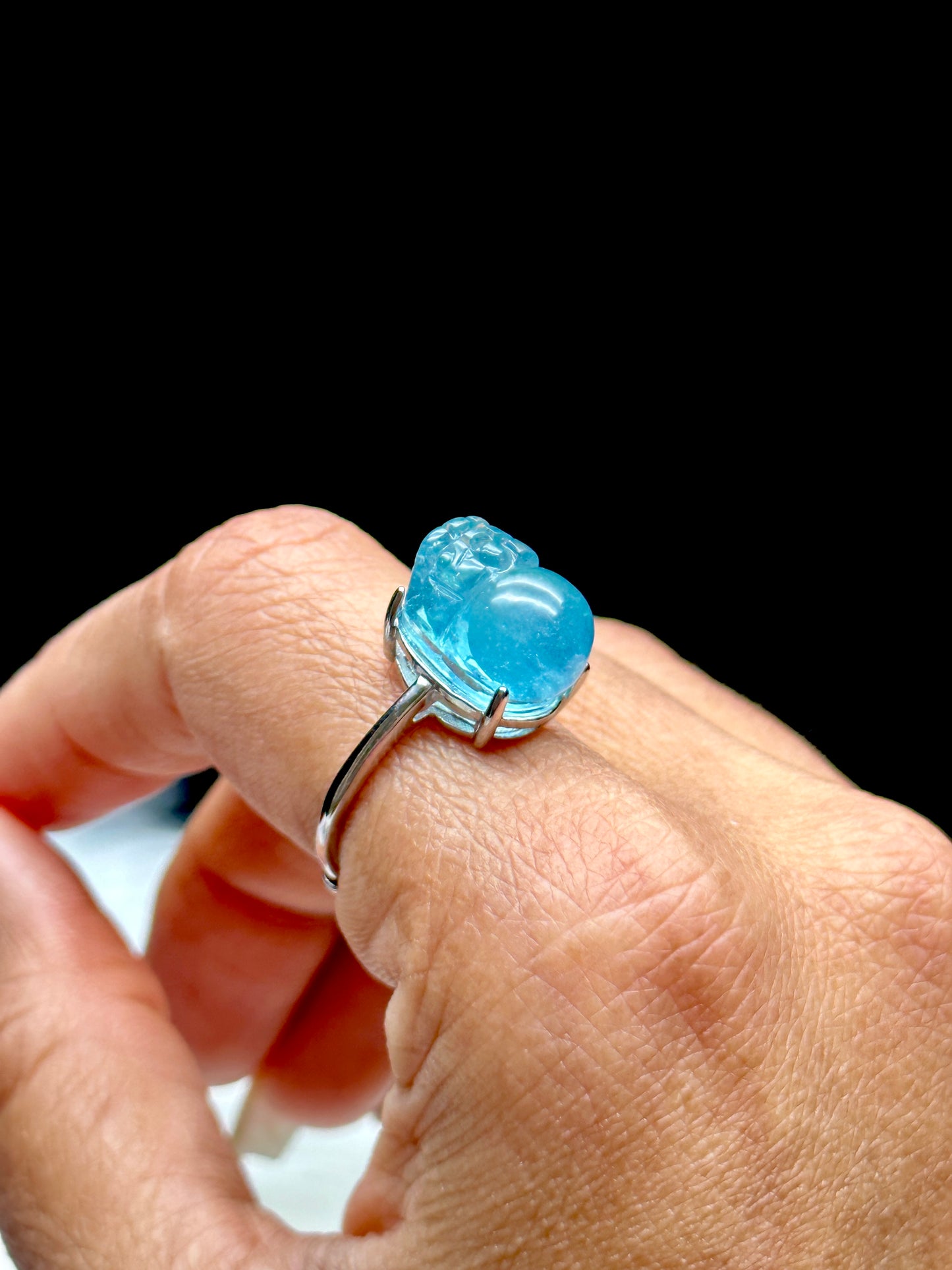 High Grade Gemmy Aquamarine Crystal Pixiu Ring – Adjustable Size, Sterling Silver