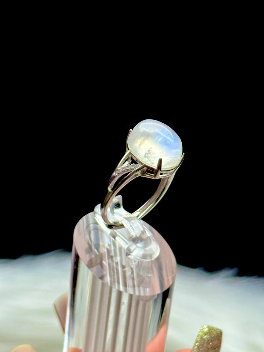 Moonstone Crystal Ring – Sterling Silver, Adjustable Size, Handmade Gemstone Jewelry