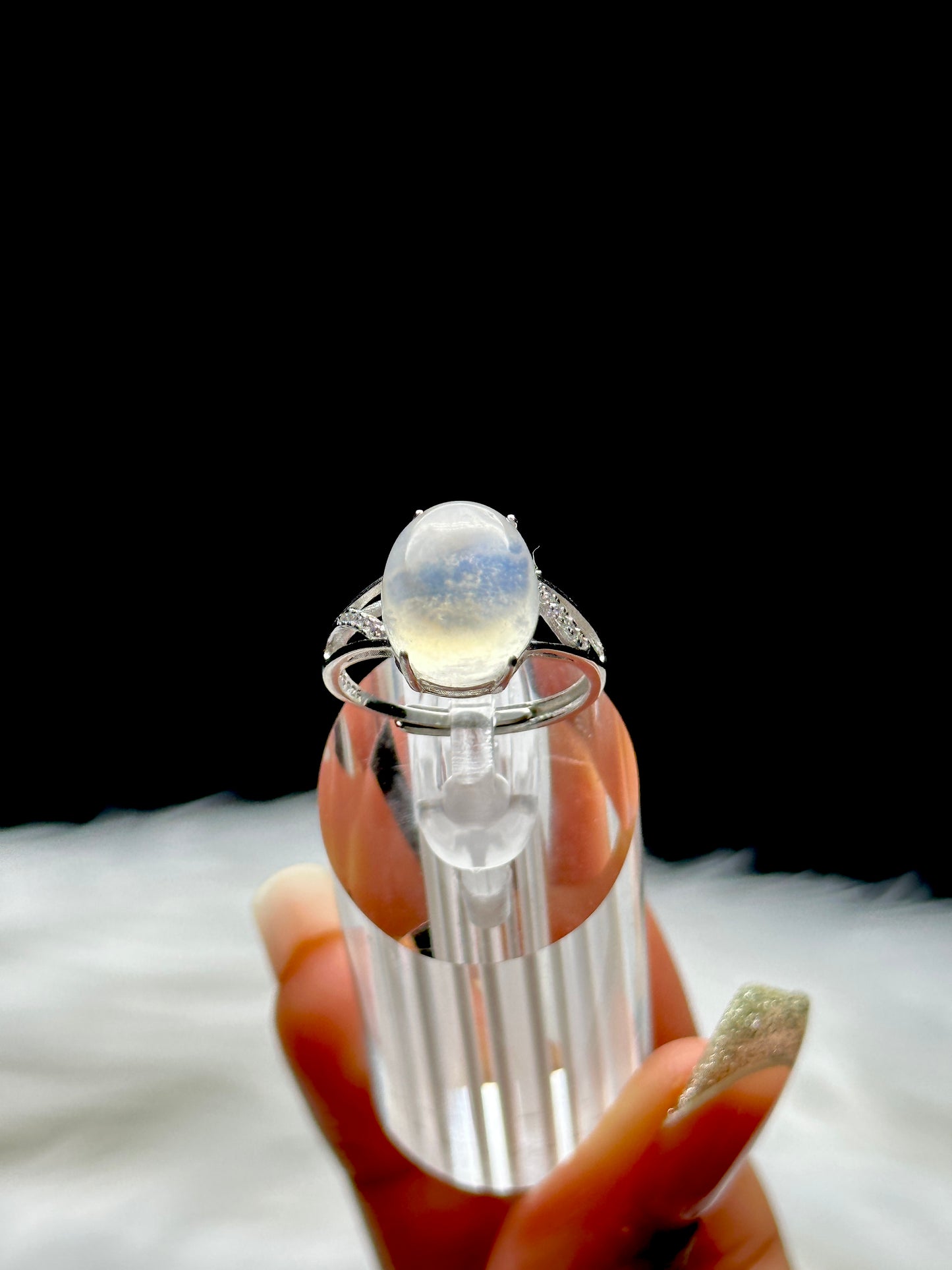 Moonstone Crystal Ring – Sterling Silver, Adjustable Size, Handmade Gemstone Jewelry