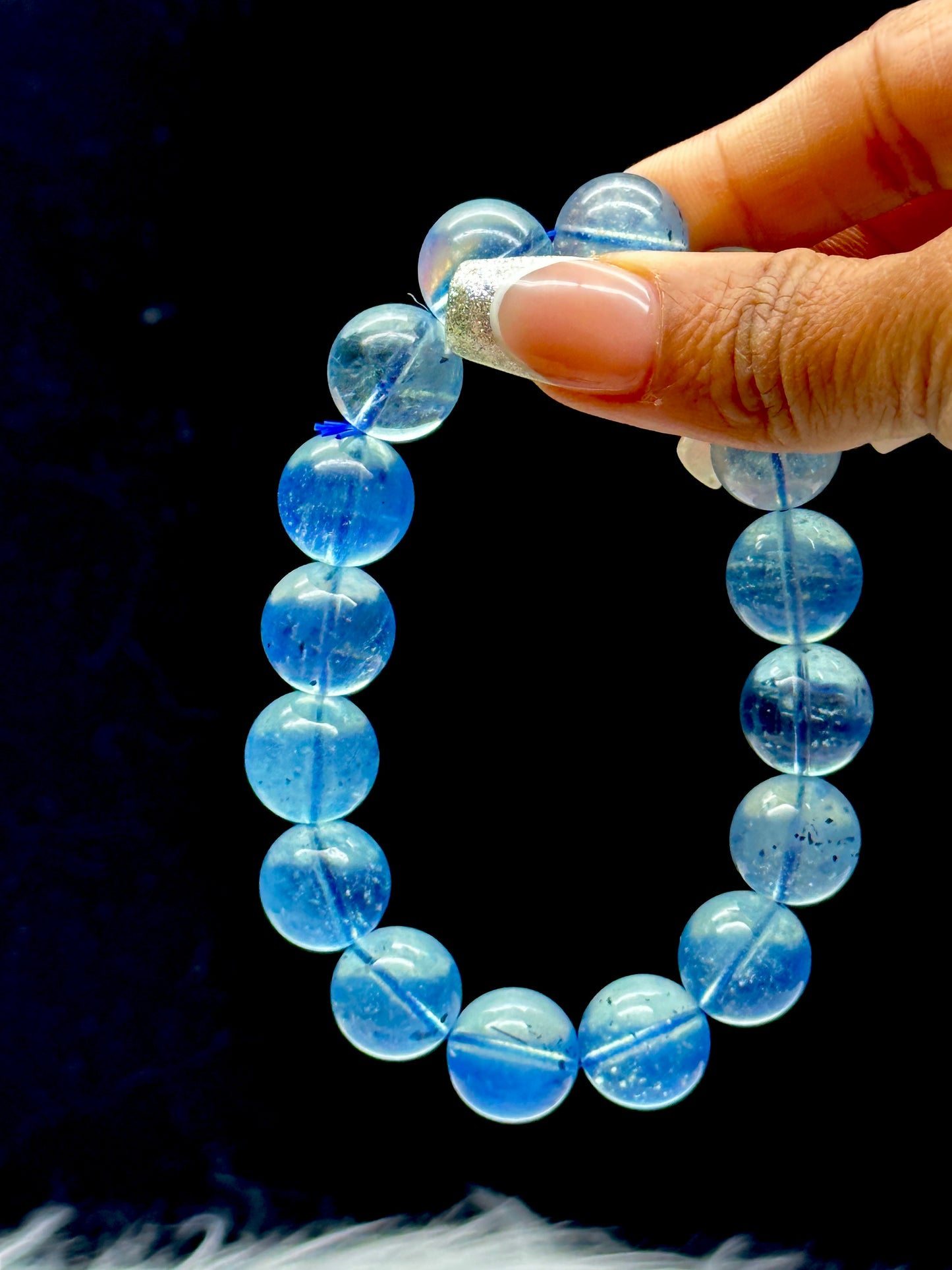 Gem Grade Aquamarine Crystal Bracelet – 14mm Premium Beads, Tourmaline inclusion in few beads,Calming Energy
