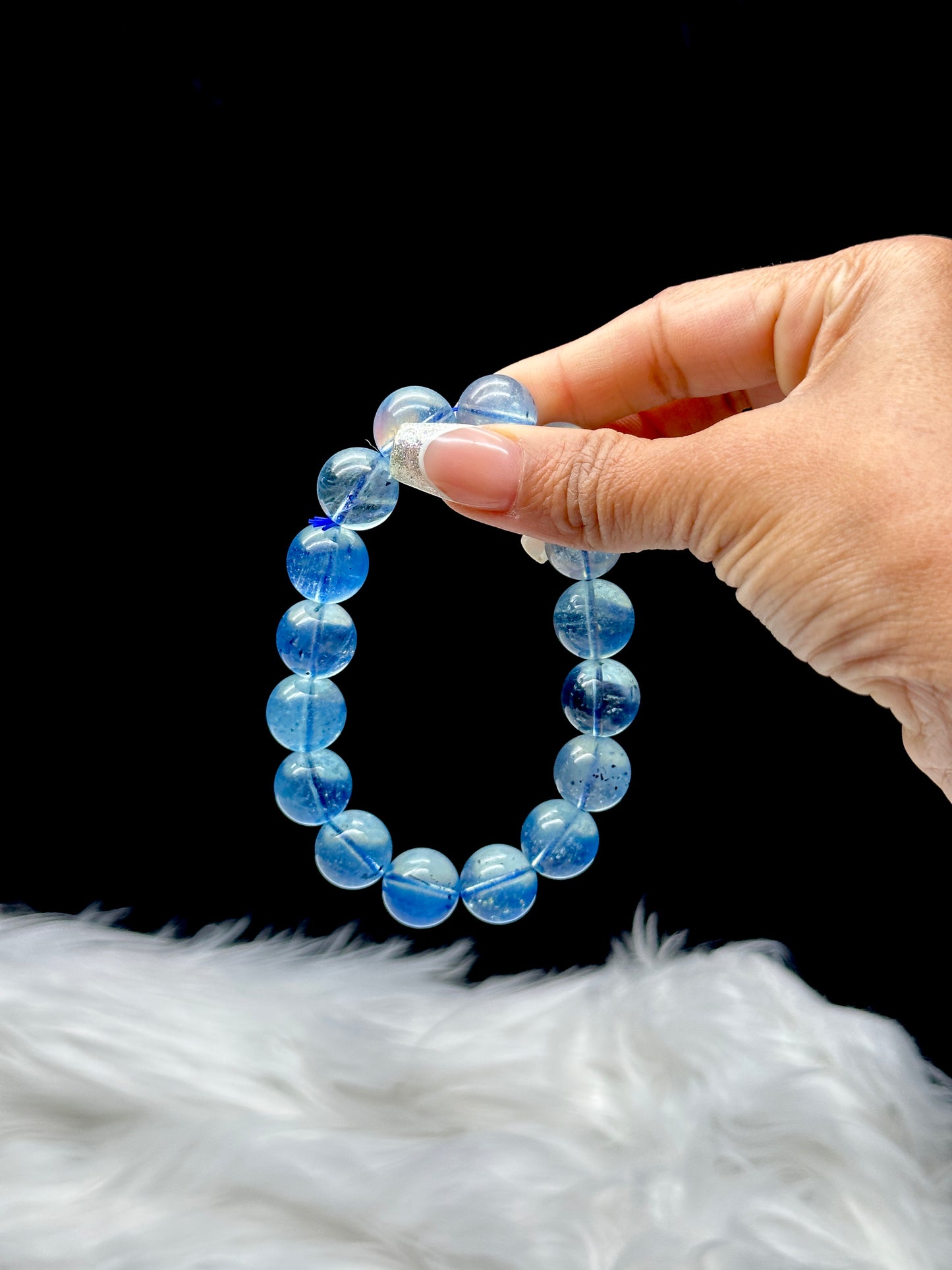 Gem Grade Aquamarine Crystal Bracelet – 14mm Premium Beads, Tourmaline inclusion in few beads,Calming Energy