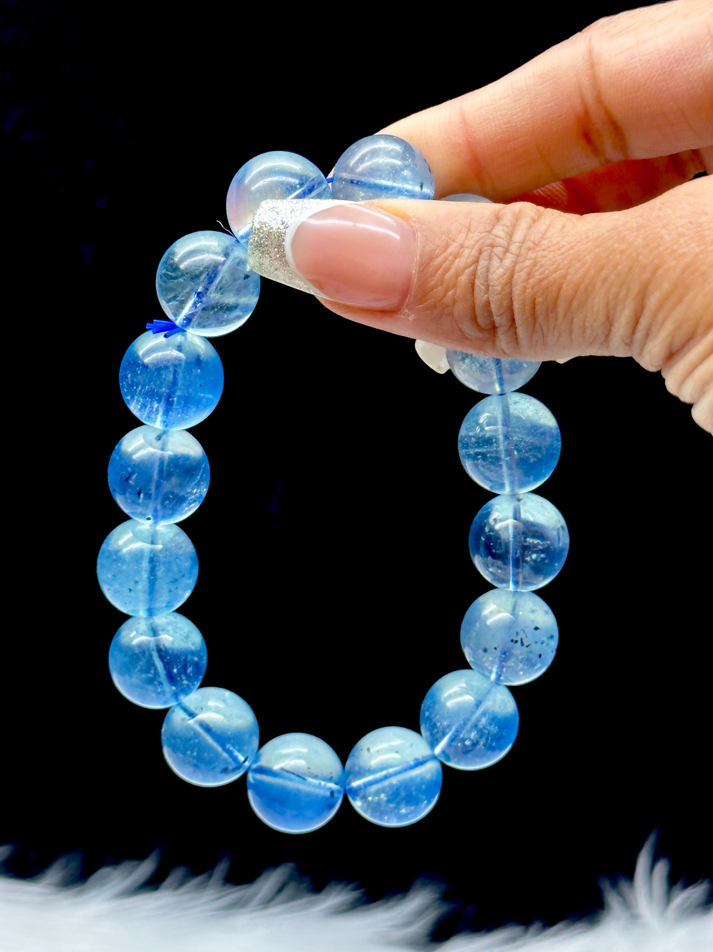 Gem Grade Aquamarine Crystal Bracelet – 14mm Premium Beads, Tourmaline inclusion in few beads,Calming Energy